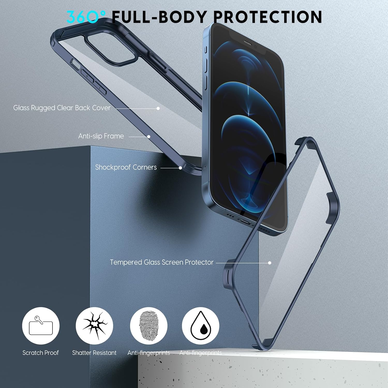 Designed for iPhone 12 Pro Max Case 6.7 Inch, Full Body Rugged Case with Built-in 9H Tempered Glass Screen Protector for iPhone 12 Pro Max, Pacific Blue1