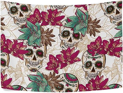 Tapiz de flores de calavera para el día de los muertos, divertido esqueleto humano, púrpura, arte floral para colgar para dormitorio, sala de estar