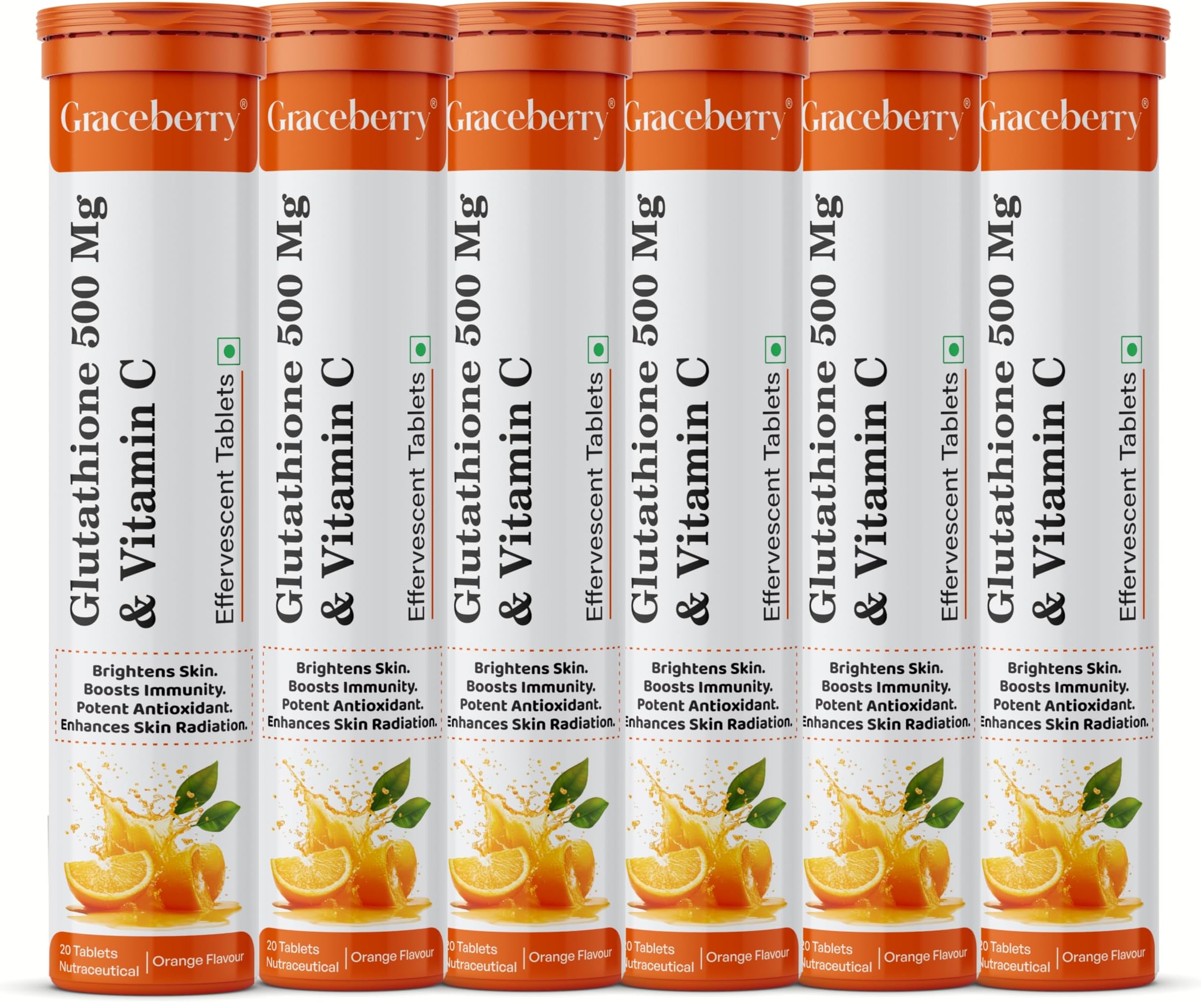 Graceberry L-Glutathione Tablets for Radiant Skin Health | 120 Effervescent Tablets with L-Glutathione & Vitamin C | Powerful Antioxidant for Skin Brightening | Orange Flavour