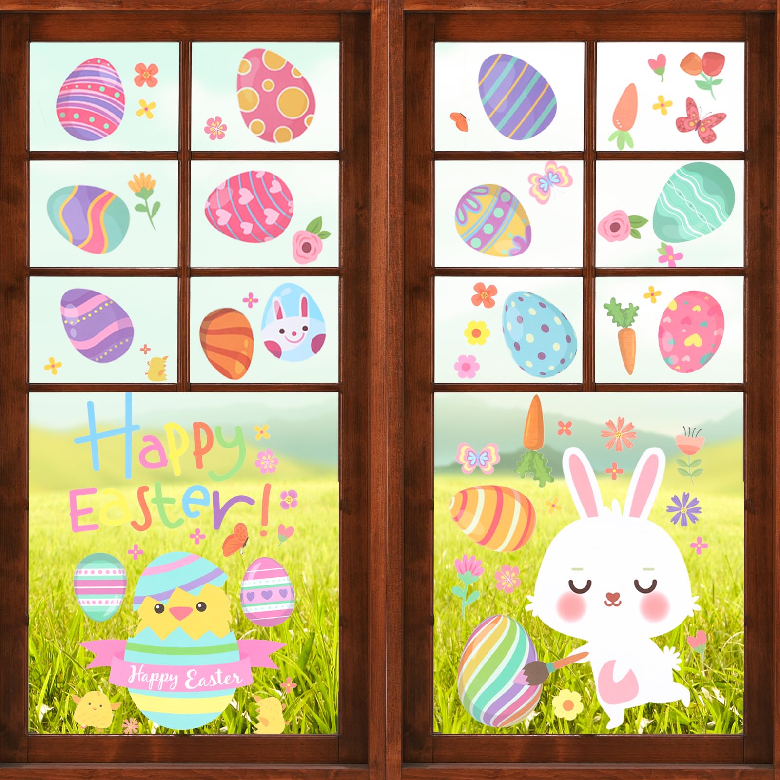 Vetrofanie Pasquali 9 Fogli 70 PZ Adesivi Pasqua per Finestre, Riutilizzabili, Stampa Fronte Retro, Adesivi Statici Decorazioni, Uovo di Pasqua Vetrofanie