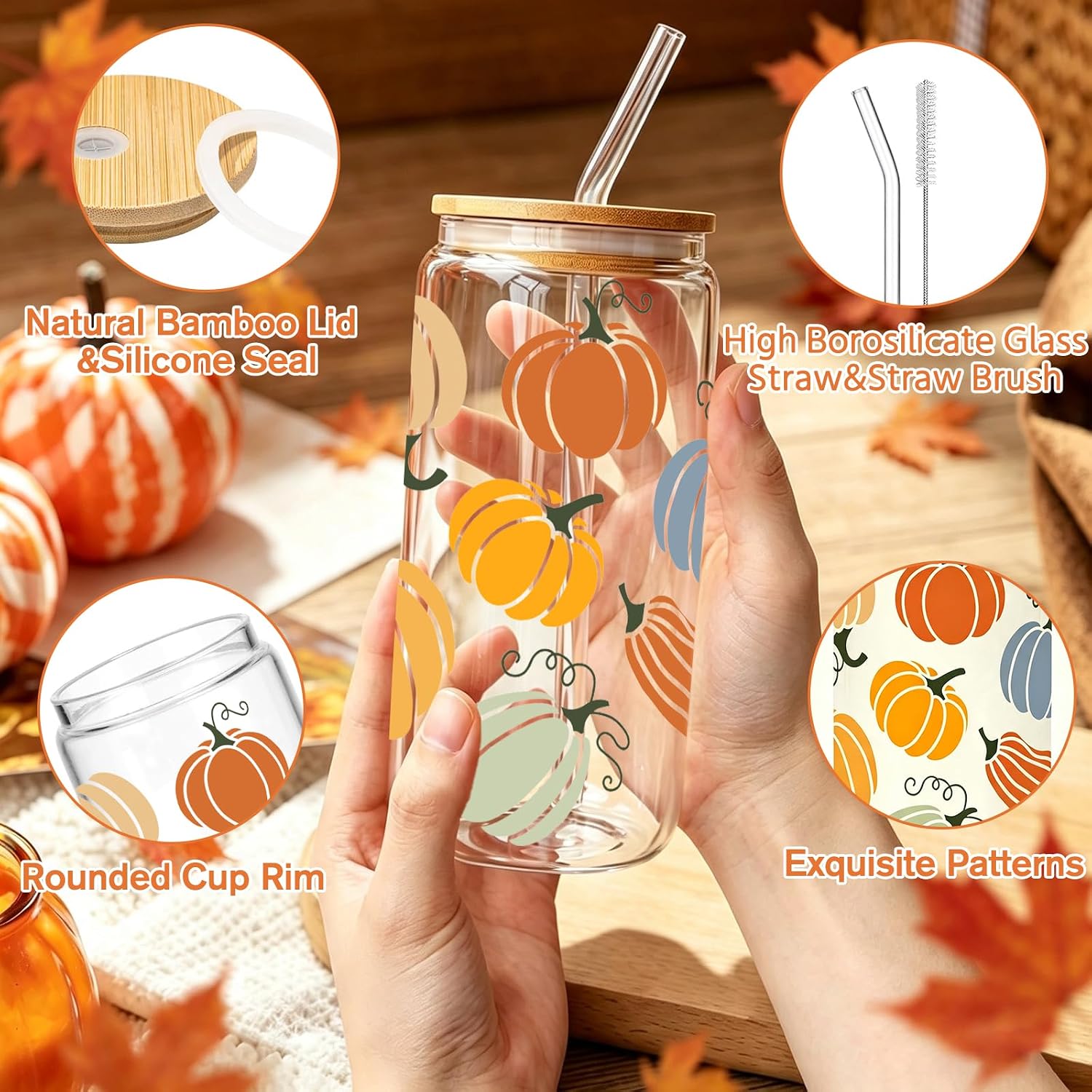 Fall Cups, 16oz Autumn Pumpkin Iced Coffee Glass Cup with Lid & Straw