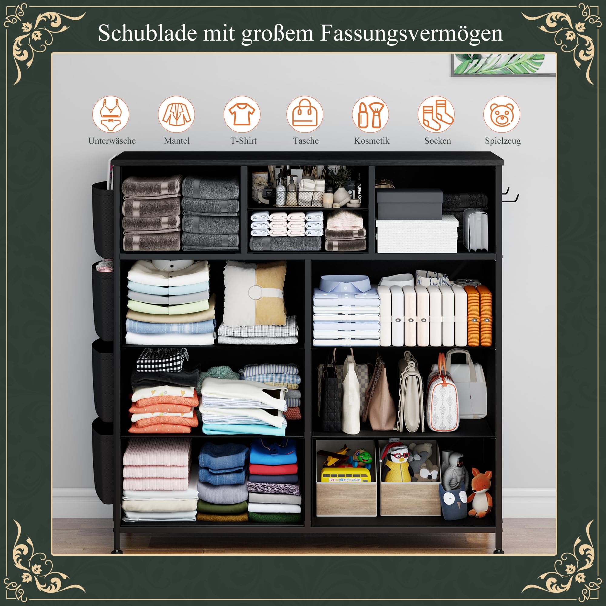 Kommode mit 10 Stoffschubladen, Komodenschrank mit Seitentaschen und Haken, Holzplatte und Metallrahmen, Stoffkommode für Schlafzimmer, Wohnzimmer, Flur, Kinderzimmer (Dunkelgrau)