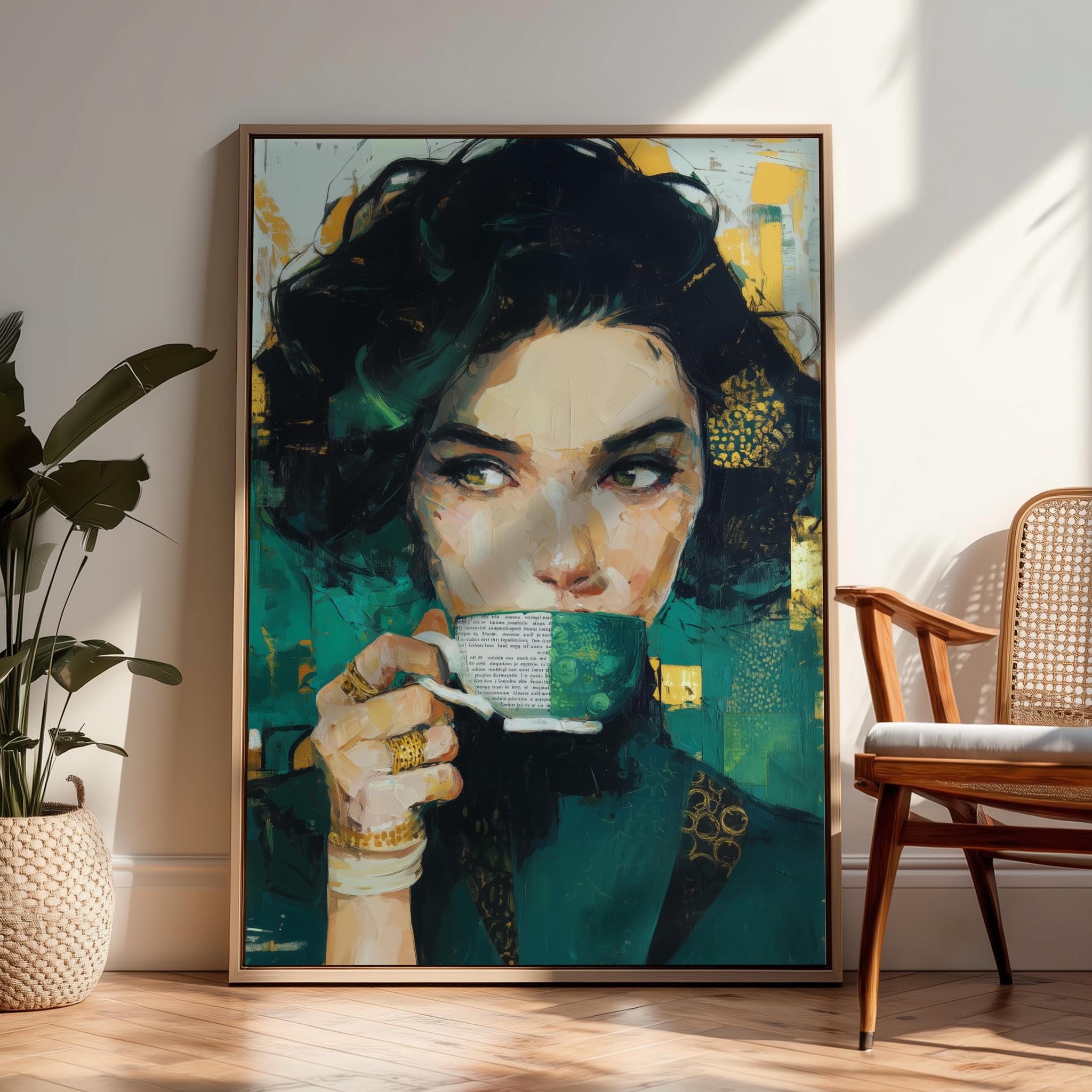 CAOXTART Abstract Coffee Poster Print | Female Portrait Wall Art | Figurative Canvas Painting | Contemporary Cafe Aesthetic Decor(50x70cm/Frameless)