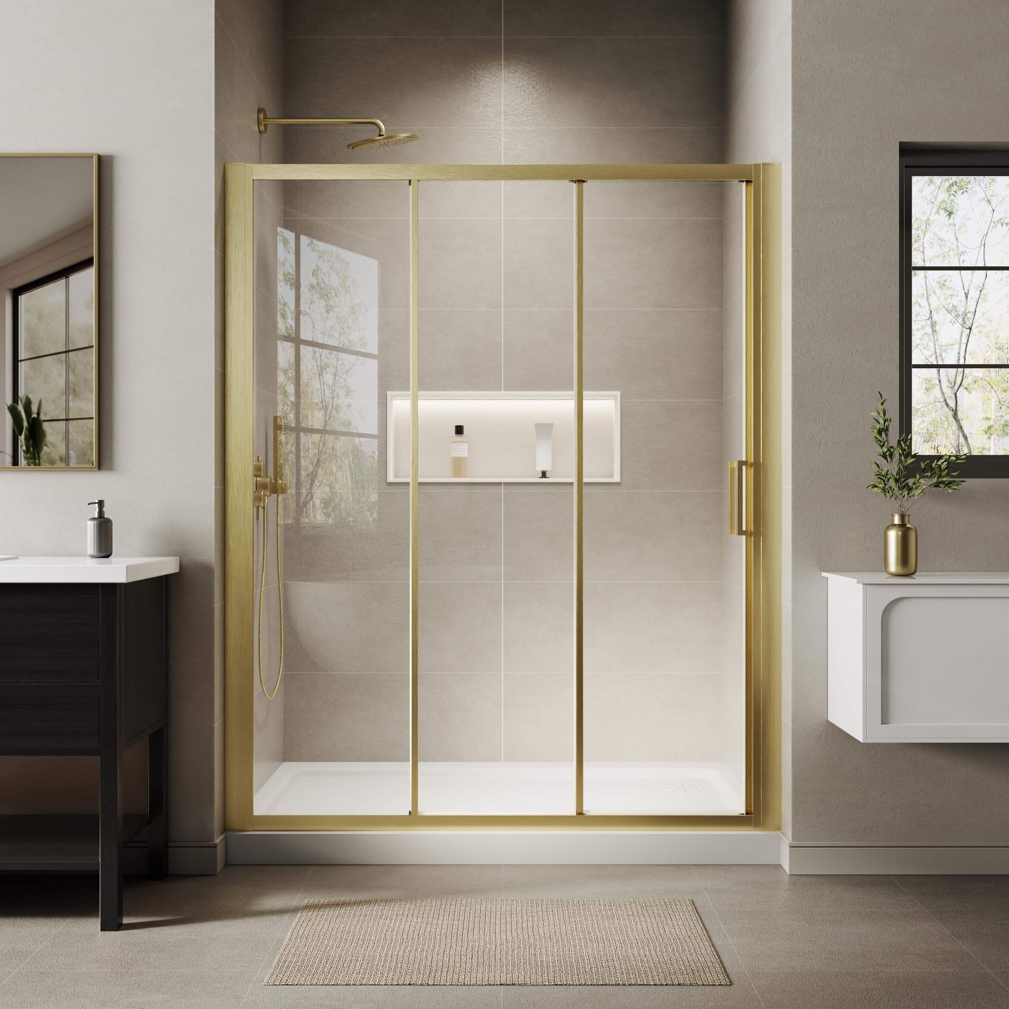 56"-60" W x70 H Triple Sliding Shower Door with Large 32 1/8" Walk-in Opening, Glass Shower Doors with 1/4" (6mm) Clear SGCC Tempered Glass, Brushed Gold Finish, Reversible Installation