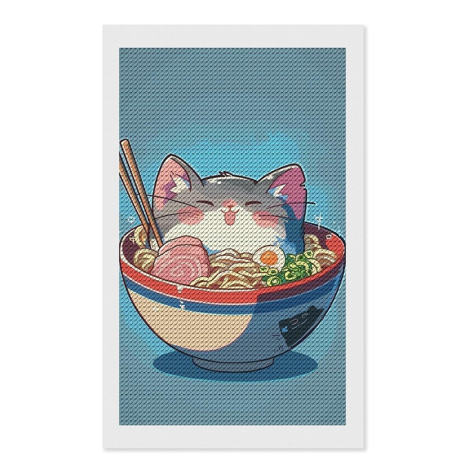 Junmoney Anime Ramen Noodle Cat DIY Diamond Art Canvas Kit 12"x20", Decorate Your Room, Sparkling Round Gems, Fun Craft Experience, Farmhouse Decor