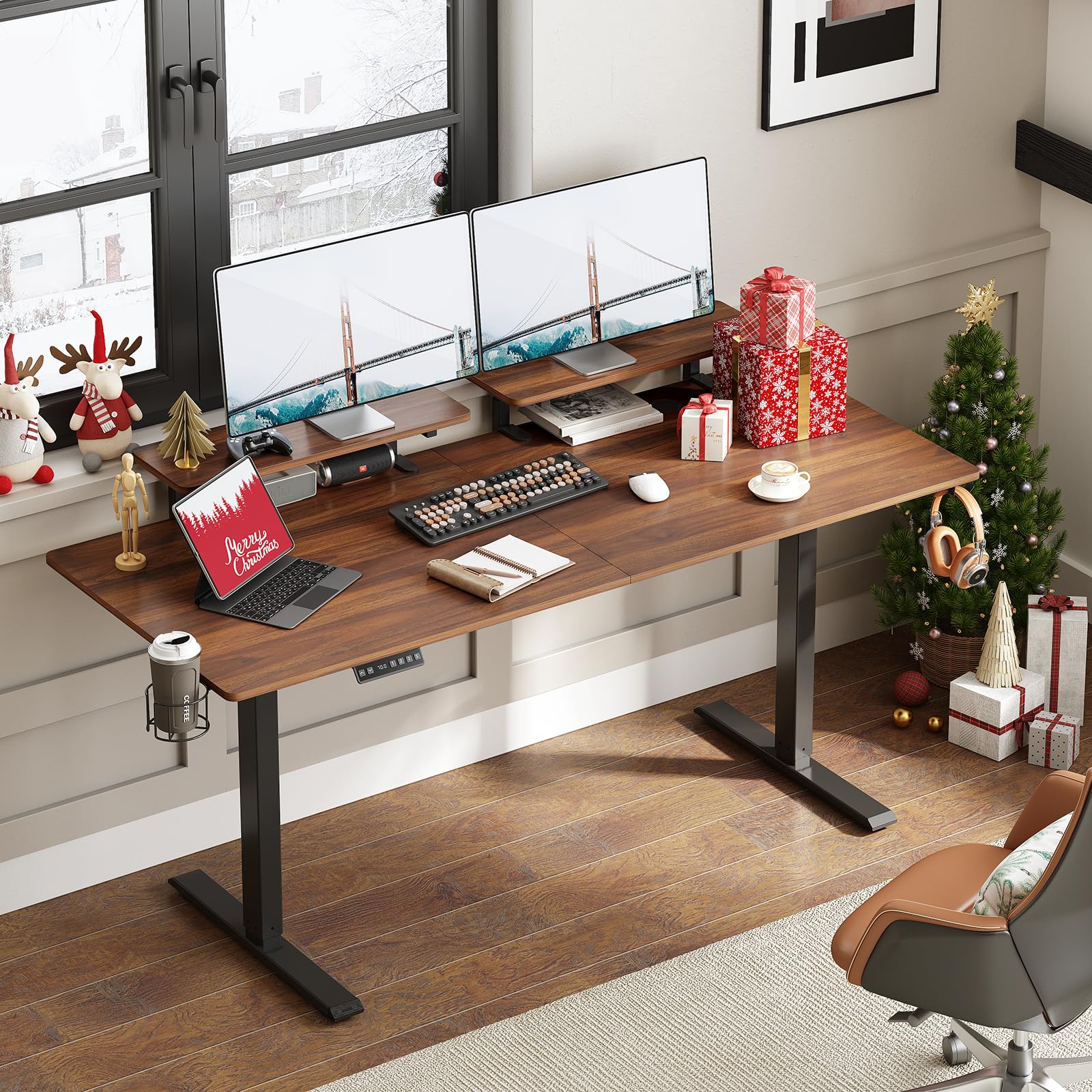 ONBRILL Standing Desk with 2 Adjustable Monitor Shelves, 71 x 24 Inches Electric Stand Up Desk with Memory Controller and Adjustable Height from 28-46