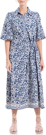 Max Studio Womens Spring 2023 Chic Fashion Casual Printed Puff Sleeve Midi Everyday Shirt Dress