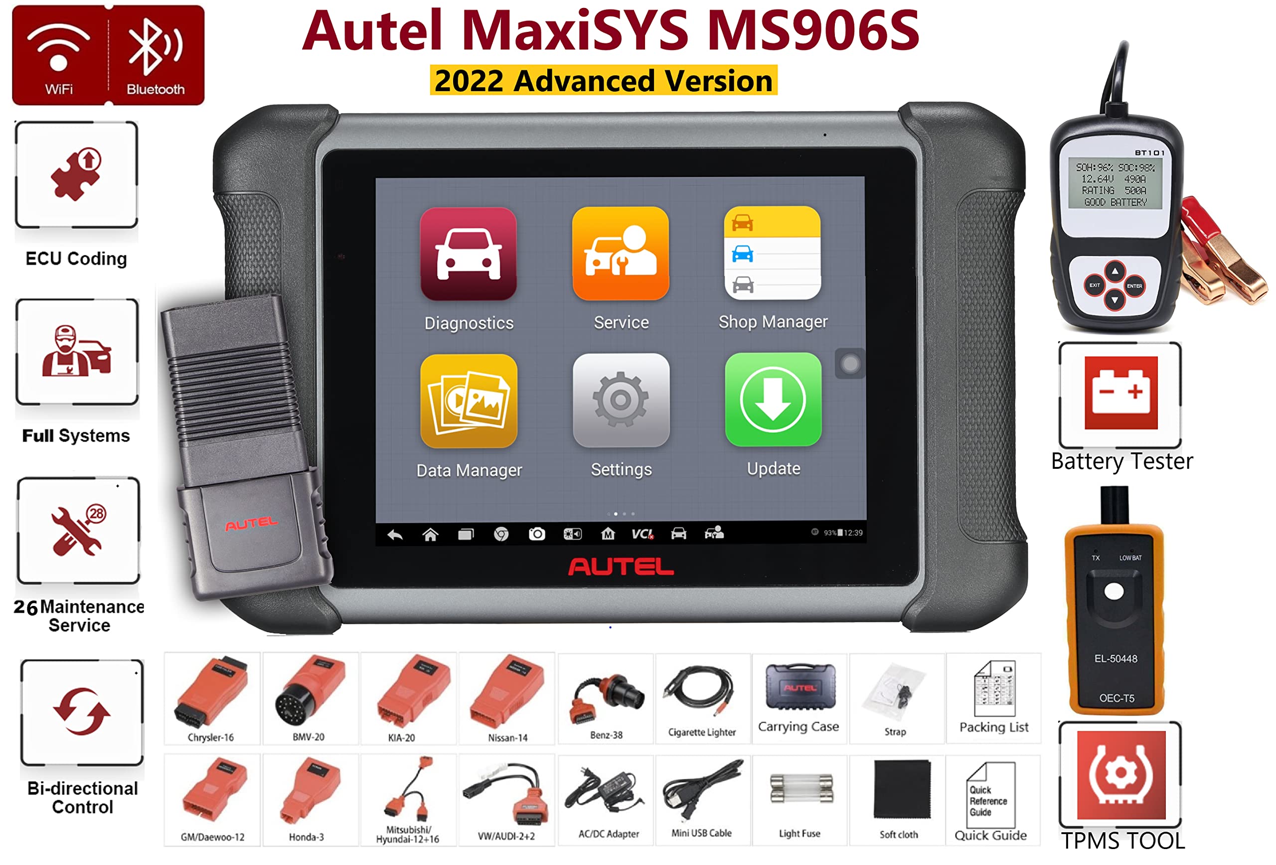 AutelMaxiSys MS906S Vehicle Diagnostic Tablet, 2024 Version Advanced MS906 MS906BT MK900BT Wireless OBD2 Scanner, 31+ Service Functions, Compatible with BT506 MV108