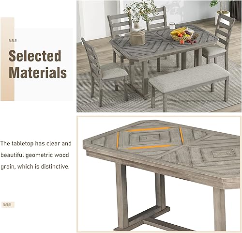 Miniatura 4 de Merax Juego de mesa de comedor de madera de goma de 6 piezas con 4 sillas y banco acolchados hermosa mesa con patrón de granos gris claro 6 piezas