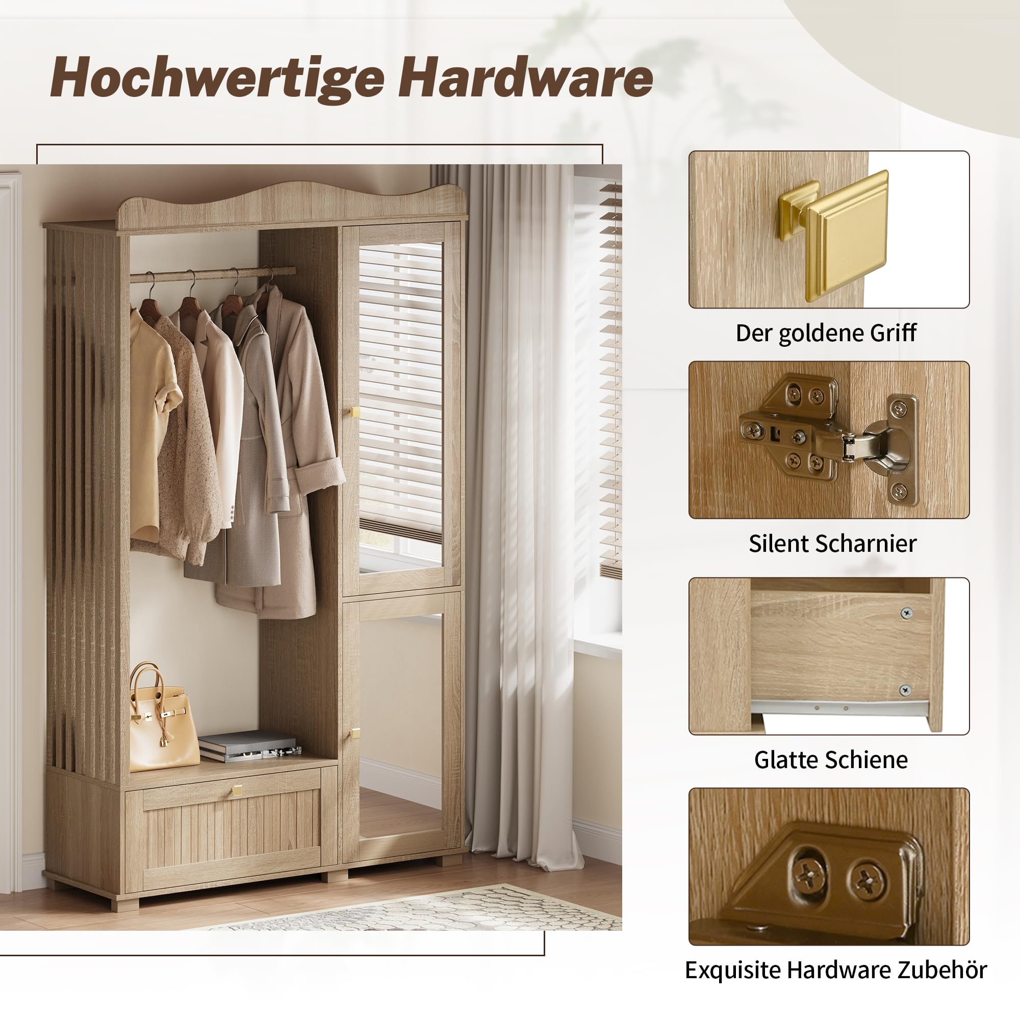 Garderobenschrank mit Spiegel, Garderobe Garderobenset mit Schublade und 2 Türen, Flurgarderobe Flur Möbel, Eichenholzfarbe, 115.5x38.5x194.5 cm