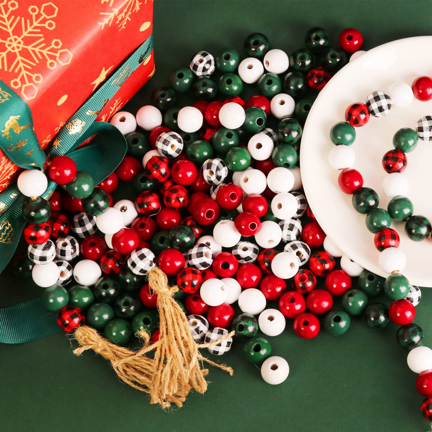 200 Pcs Christmas Wooden Beads - Buffalo Plaid & Solid Colors For DIY Crafts, Garland, Decor - View #10