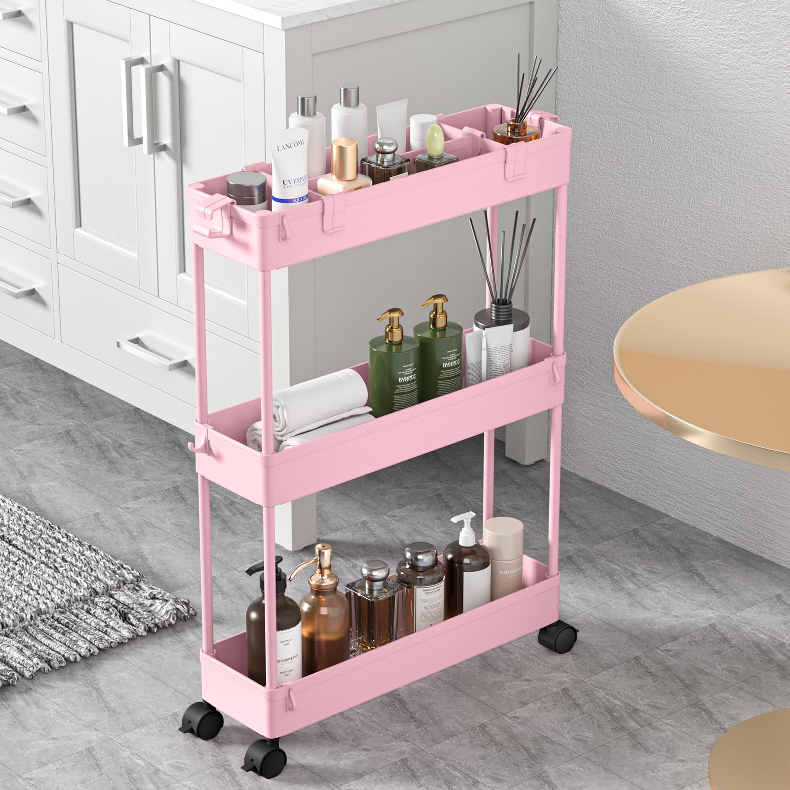 SPACEKEEPER Rollwagen mit 3 Ebenen, Küchenwagen, Nichenregal auf Rollen, Allzweckwagen mit 6 Haken und 2 Behälter, Rosa