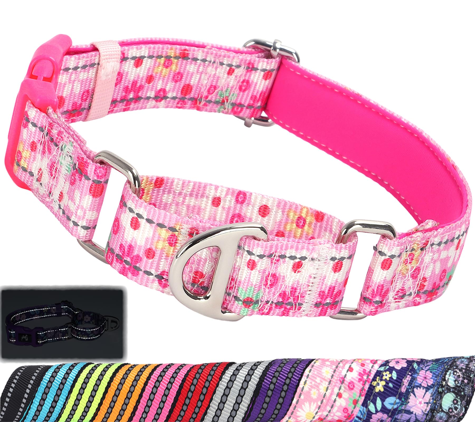 MAOWUWUJOZ Pink Floral Martingale Collar for Dogs - Reflective Nylon with Quick Release Buckle & Padded Comfort - No Slip Choke Heavy Duty Collar for