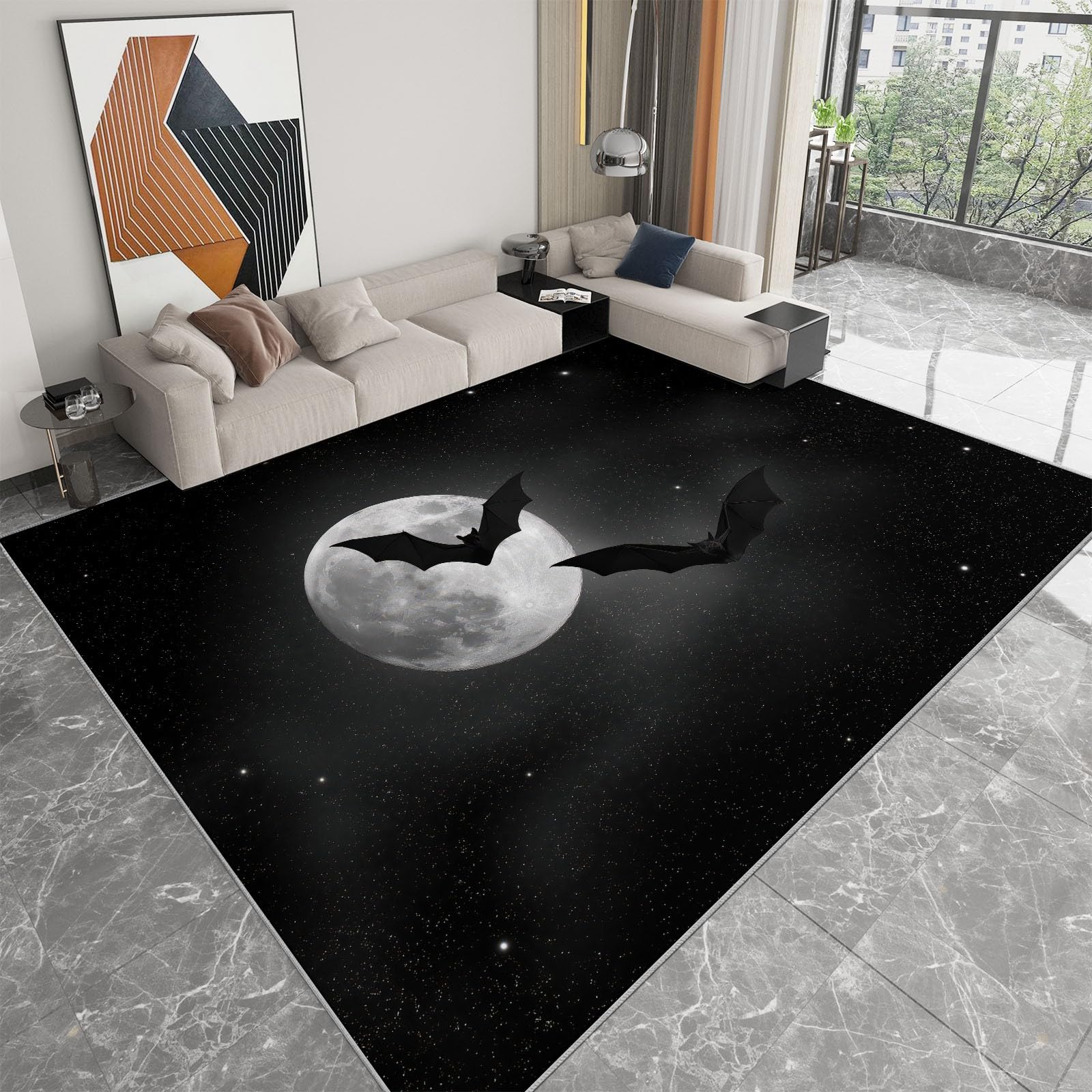 Teppich Wohnzimmer Waschbar rutschfest Schwarze Fledermaus Mond 60x120cm Moderner Kurzflor Teppich Weich für Schlafzimmer, Esszimmer, Flur und Büro