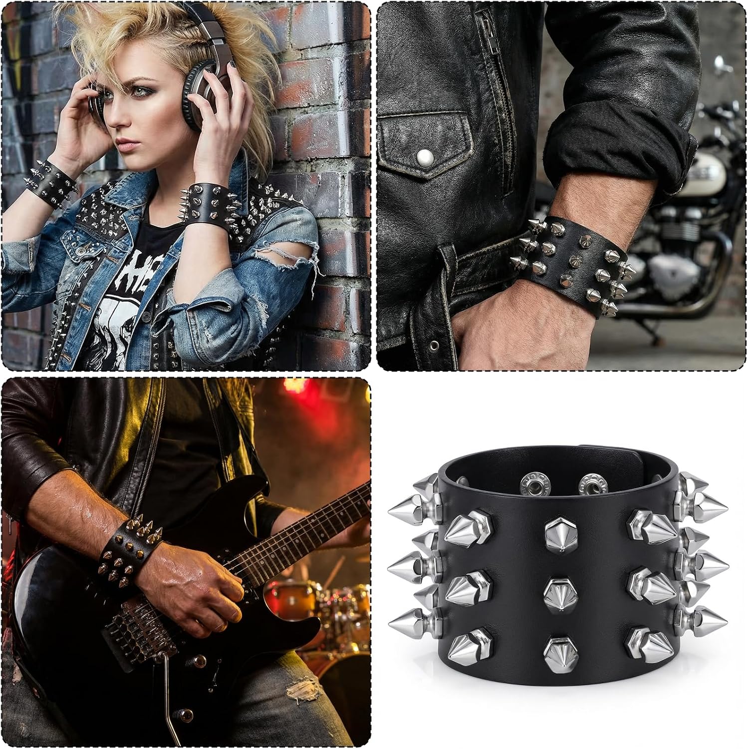 2 Pcs Punk Rock Leather Studded Bracelet, Spiked Bracelet, Leather Rivet Cuff Bracelets for Men Women 80s Wristband, Emo Accessories
