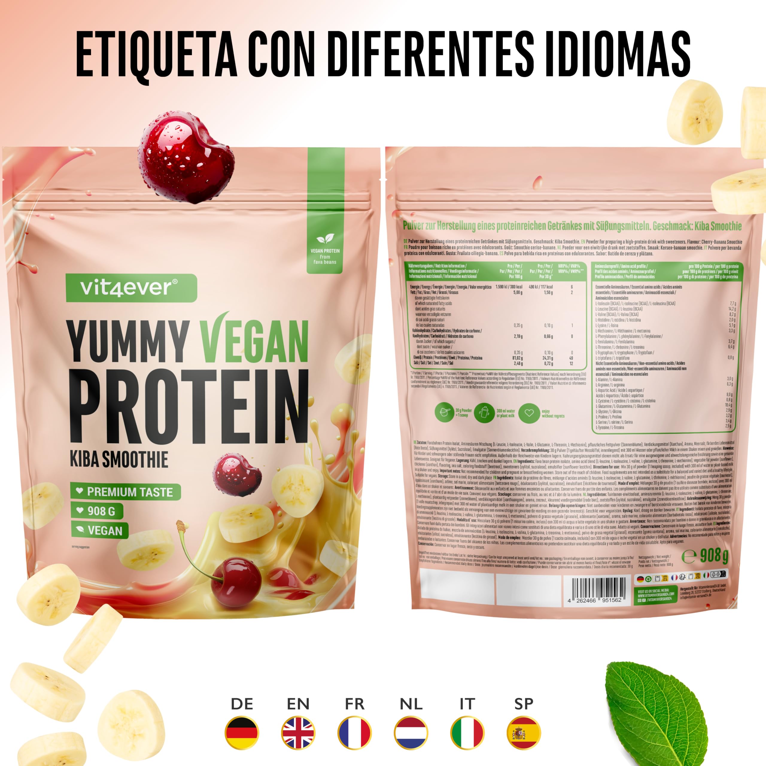 Yummy Vegan Protein Kiba Smoothie – Batido proteico vegetal con 24,3 g de proteína por porción a partir de aislado de haba (fava) con BCAA y aminoácidos – 908 g