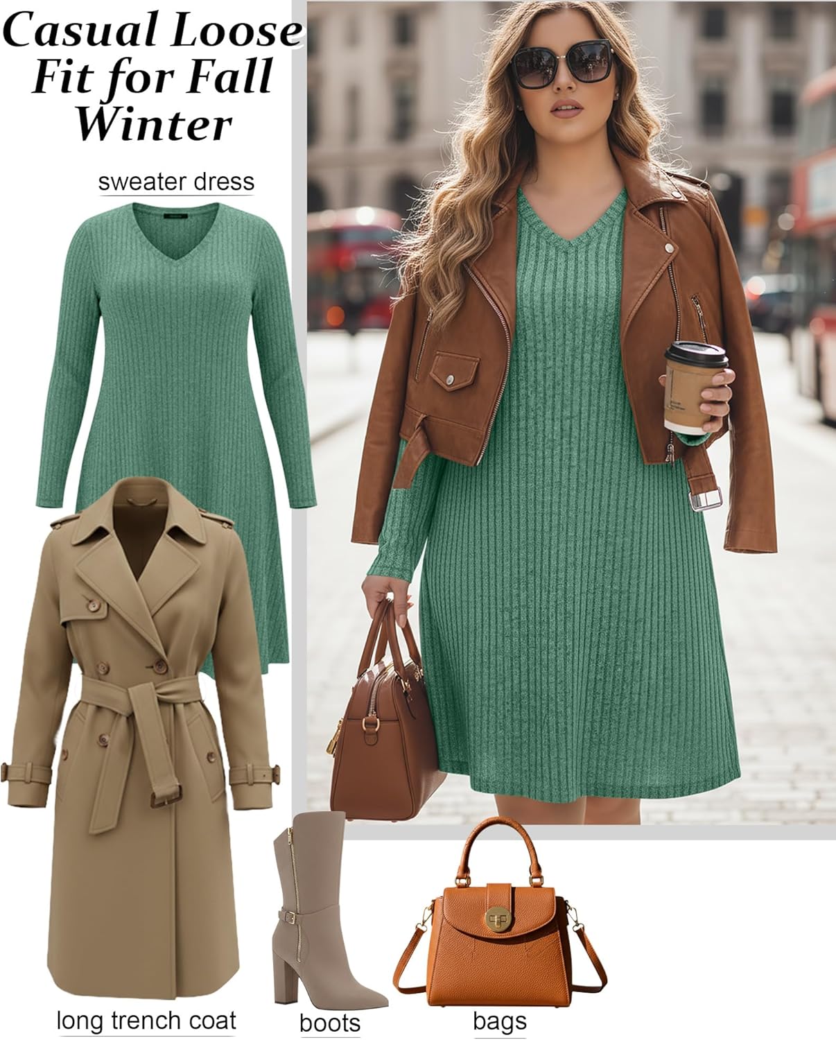 3 Pack Women's Plus Size Dresses Long Sleeve V Neck Ribbed Sweater Loose Casual Lighweight Dress for Curvy Women - Image 5