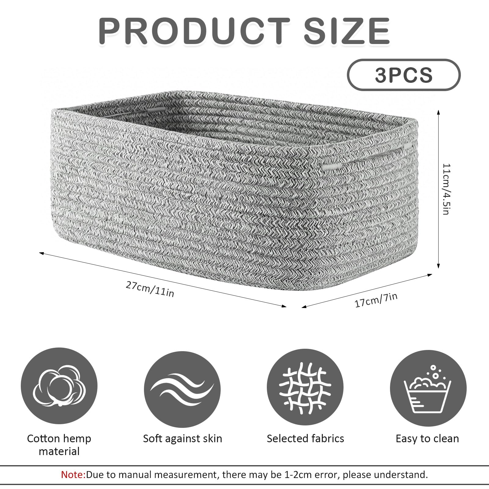 Cesto portaoggetti, 30 x 20 x 11 cm, cestino pieghevole in corda di cotone intrecciato, piccoli cesti portaoggetti per organizzare, scaffale, cestino per giocattoli, cestini in corda intrecciata