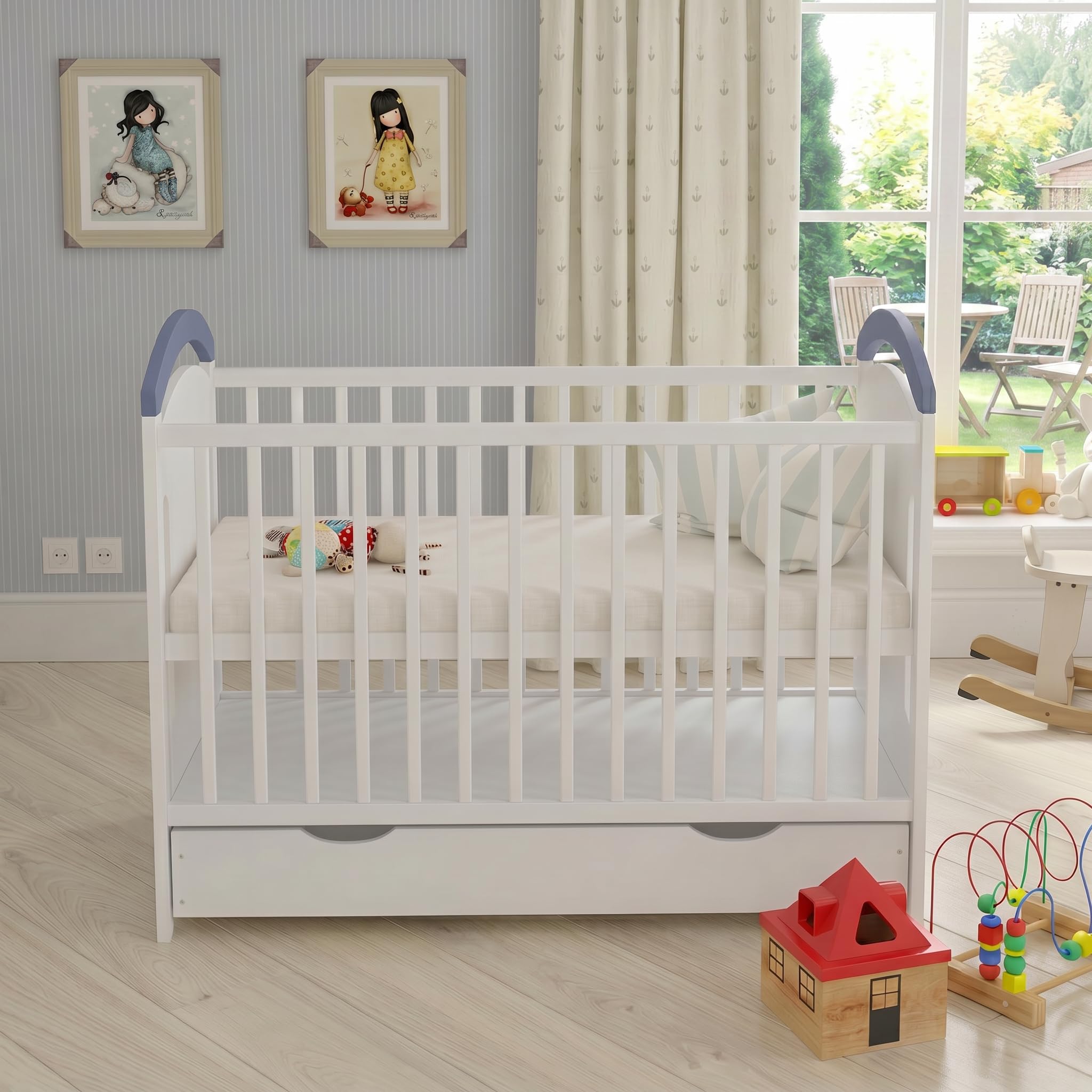 Love For Sleep Babybett Beistellbett 120x60cm mit Sicherheitsbarriere Umwandelbar Blue AMIE Kinderbett Baby Bett Holz - Kinderbett Babybett, Mitwachsend Gitterbett Baby Bed