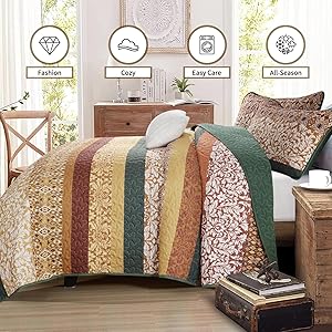 DJY Boho Quilt Set King Size Brown Green Bohemian Striped Bedspread Coverlet Set, Boho Floral Pattern Soft Microfiber Quilted Bedding Set for All Season, 104''x90''