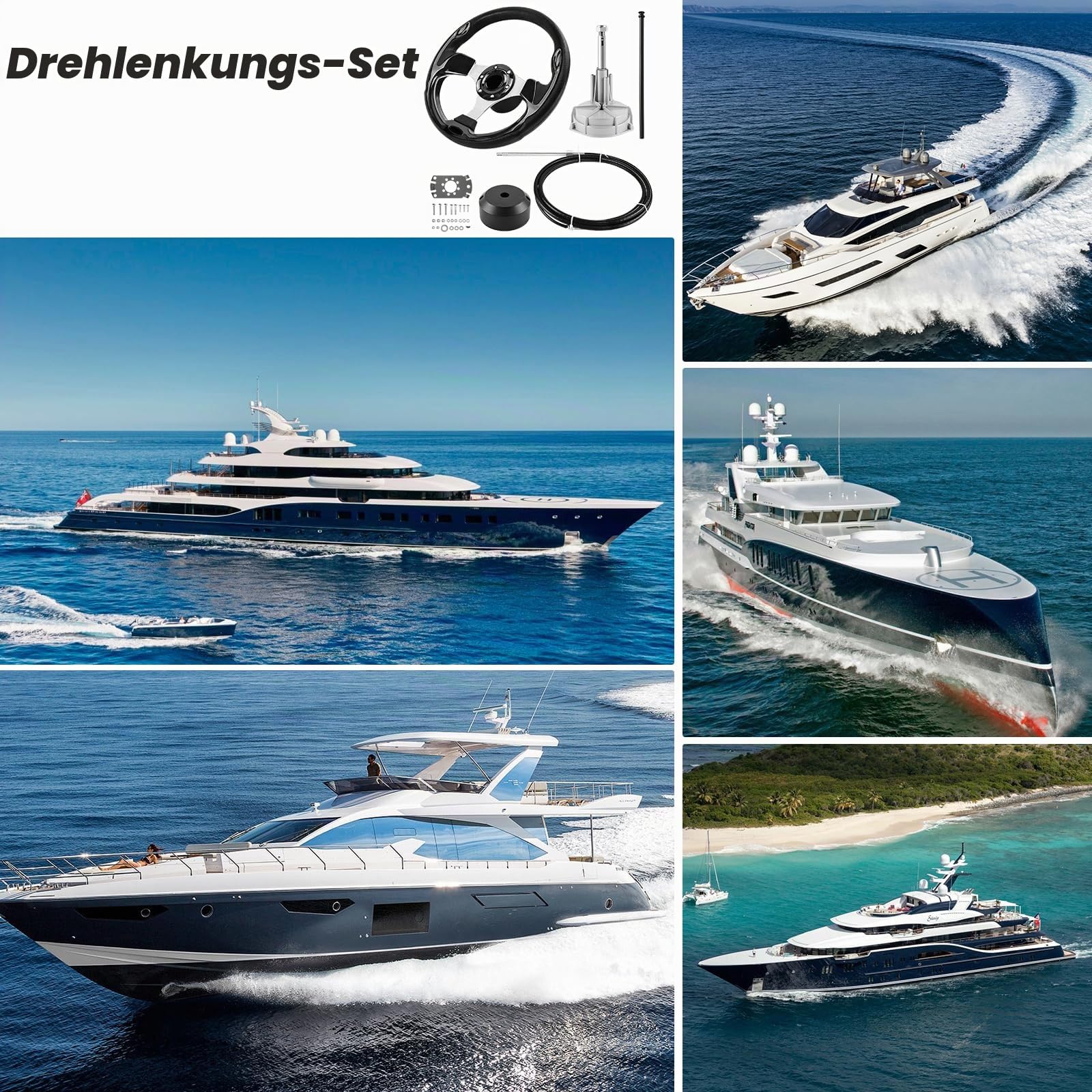 Bootslenksystem, mechanisches Rotationslenkungs-Kit, 396,24 cm Kabel-Steuerkabel Außenborder, Marine-Lenkungssysteme für Yachten, Fischerboote und andere Wasserfahrzeuge - mit Lenkrad