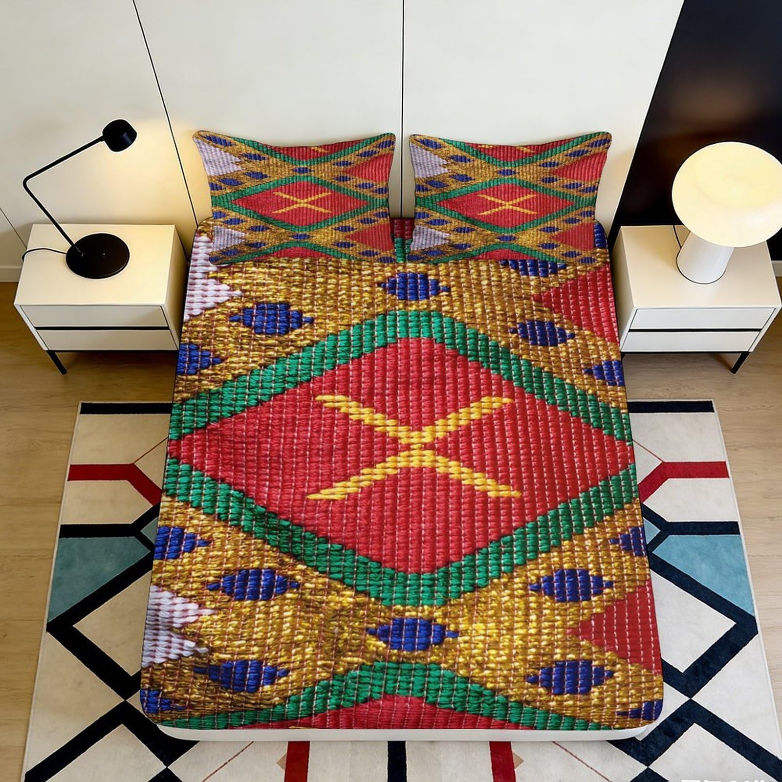 3D Printed Colorful Geometric Fitted Sheet Microfiber Soft Breathable Tribal Pattern Bed Cover for Bedroom Dormitory Guest Room Mattress Protection 120x200x25cm