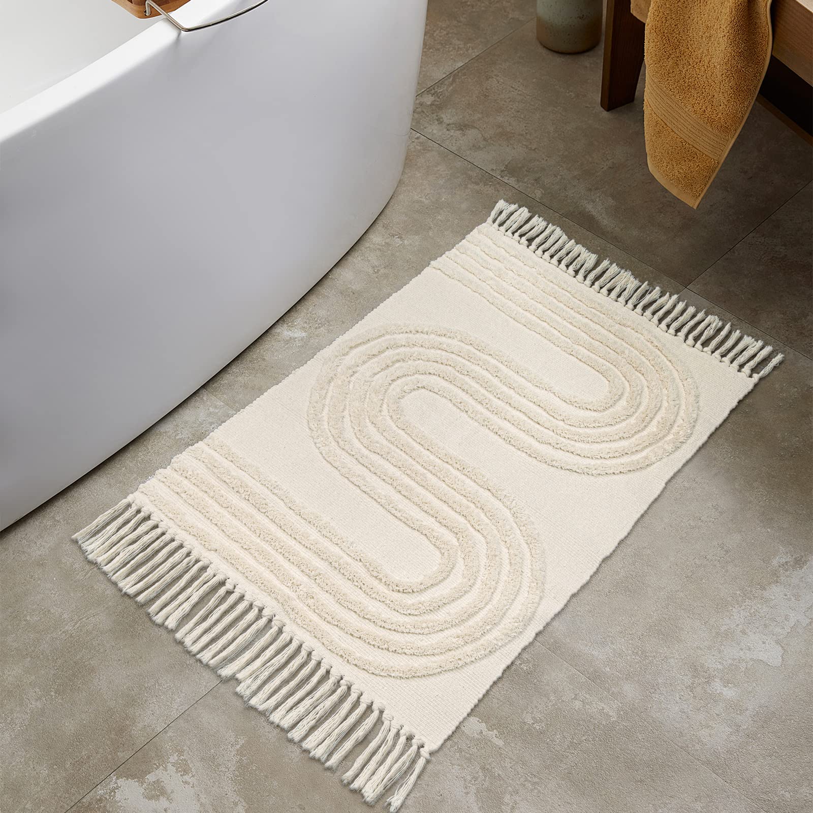 STARUIA Boho Bathroom Rug 2'x3', Washable Linear Tufted Throw Rug for Kitchen, Beige Woven Cotton Rug with Tassels for Bedroom, Small Accent Carpet for Entryway Laundry Room