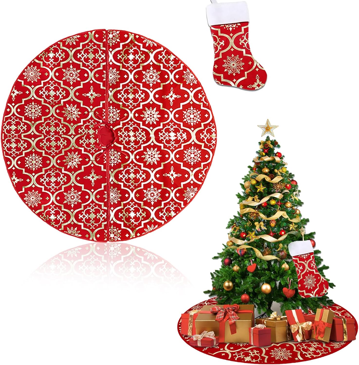 Christmas Tree Skirt New Year Xmas Deco 48 Inches Large Christmas Tree Skirts with 11 * 17 Inch Christmas Stocking Set Shiny Gold Print Christmas Tree Decorations Rustic Christmas Tree Mat Kit Red