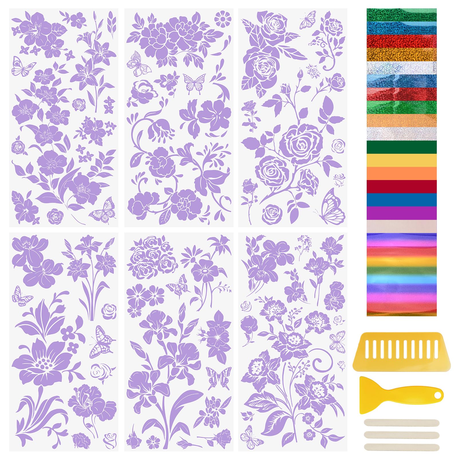 WANDIC 6 Sheets Adhesive Rub On Transfer Sticker, Gold Foil Transfer Flower Theme Decal for Present Packaging DIY Craft Albums Furniture,15 * 30cm — image 1
