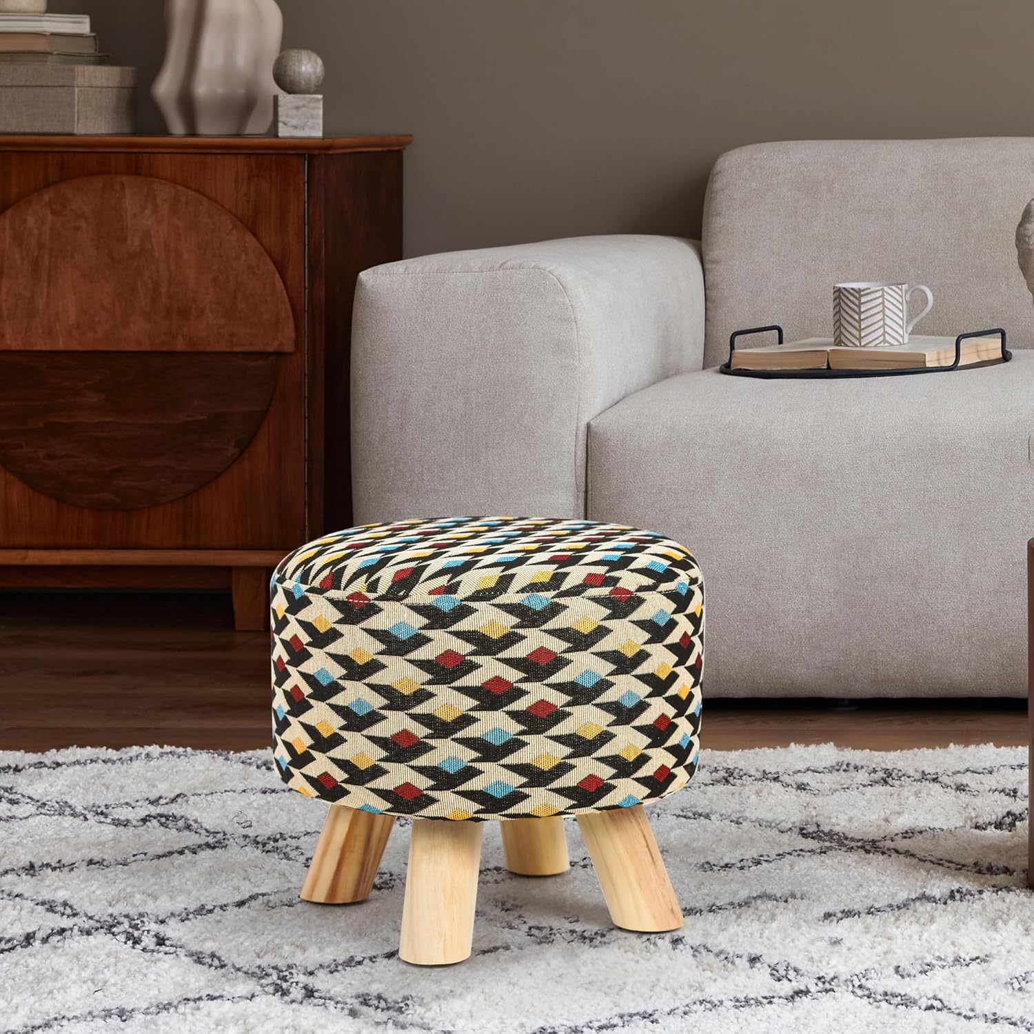 Asense 11-inch Round Ottoman Footstool,Small Padded Seat with Wood Legs,Foot Rest Stool for Living Room Bedroom Couch,Multi-Color