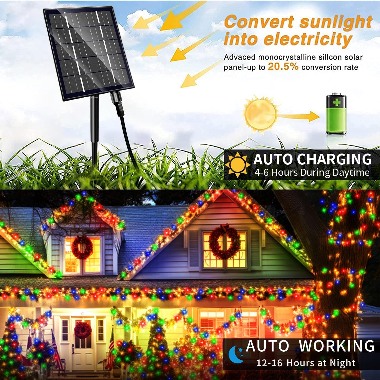 Yorezcop 400LED Luci Solari Natale Esterno, 19 Modalità Di Luci Solari, IP65 Impermeabile Luci di Natale Solare,Luci Solari per Esterni per Balcone, Giardino, Albero di Natale, partito