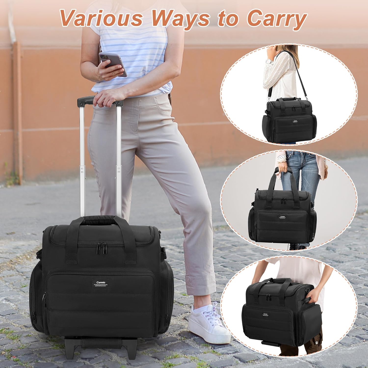 CURMIO Rolling Scrapbook Tote with Wheel, Craft Storage Bag with Expandable File Organizer for Scrapbook Supplies, Albums, Black (Bag Only)