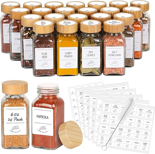 AuroTrends Tarros de vidrio para especias con tapas de bambú de 6 onzas, paquete de 24 frascos de especias con etiqueta, juego completo, recipientes