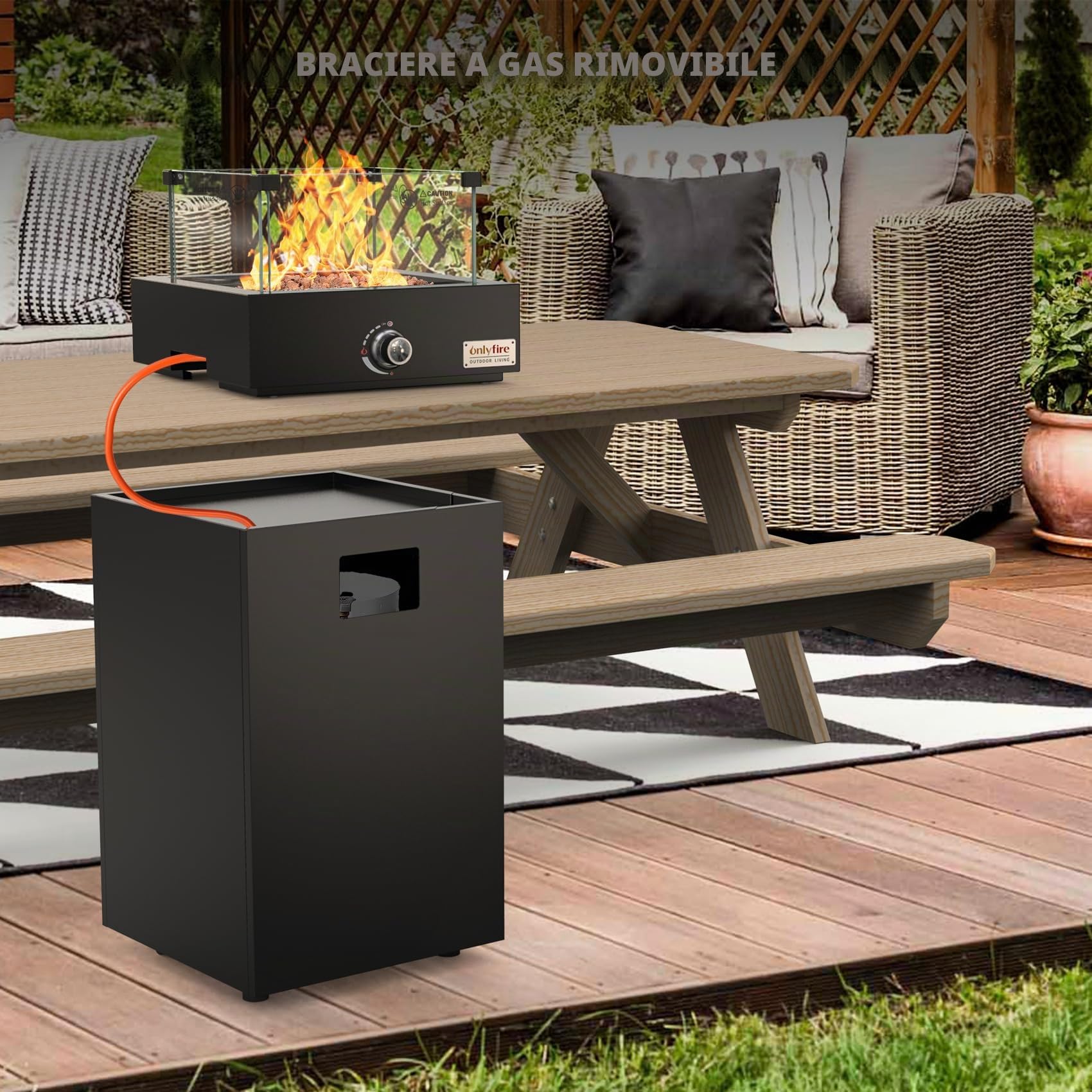 Onlyfire 23000BTU - Braciere a gas per esterni, con protezione dal vento, ruote e pietre laviche, camino da terrazza con accensione elettronica, per giardino e balcone