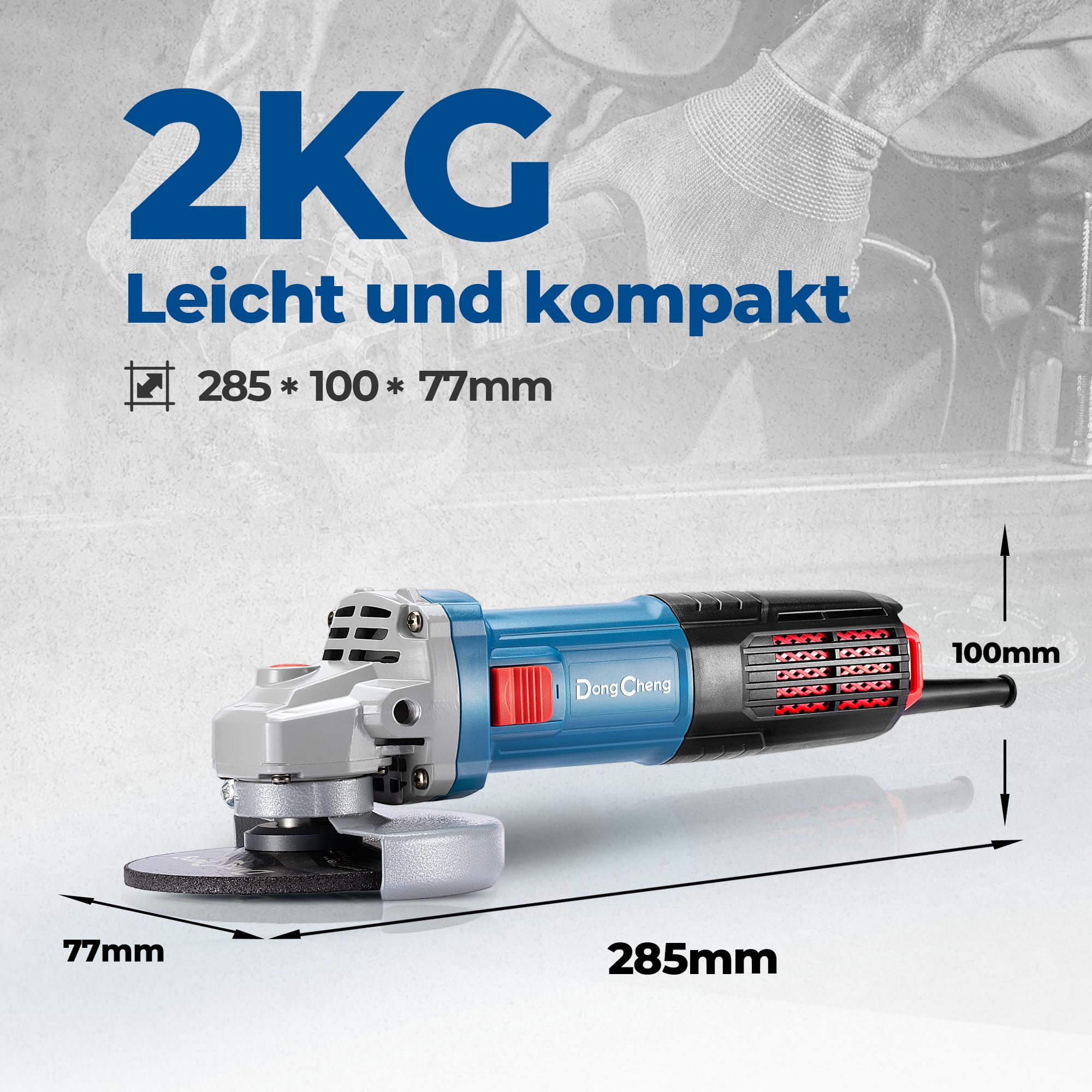DongCheng amoladora angular de 1100W, 125 mm, velocidad en vacío 11.800 min⁻¹, cubierta de liberación rápida, mango auxiliar, con 2 discos de lijar, 2 de aletas y 2 de corte