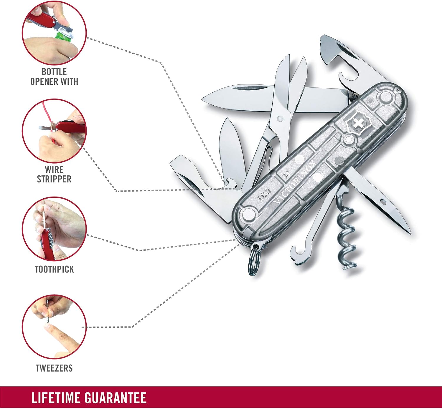 Victorinox Climber Swiss Army Pocket Knife, Medium, Multi Tool, 14 Functions, Blade, Bottle Opener, Silver Transparent - Image 4
