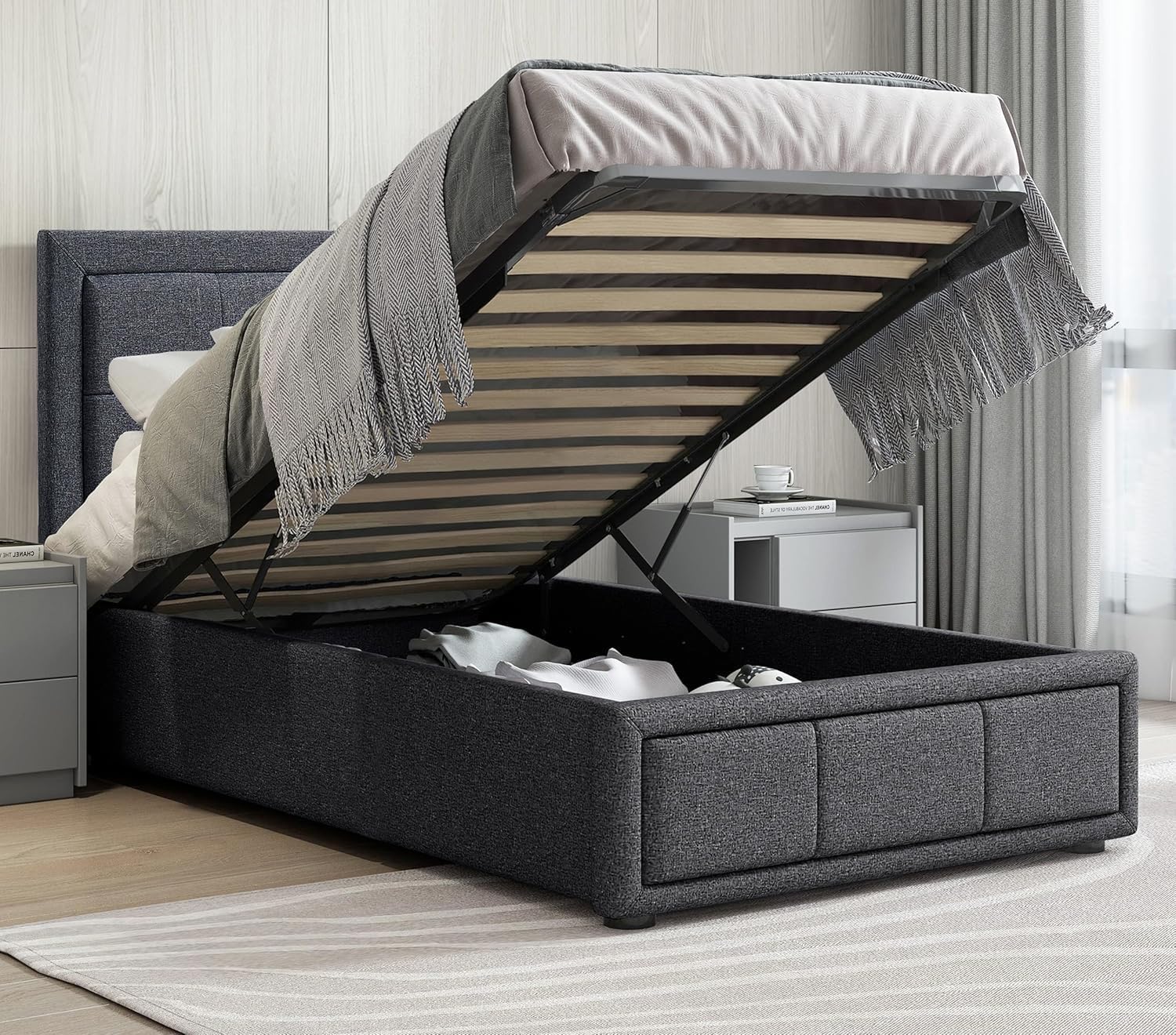 Upholstered Single Ottoman Bed Frame with Mattress Included, Dark Grey Linen Fabric Ottoman Storage Bed with Gas Lift End Opening Wooden Slats with Storage Bed (3ft Single with Mattress)