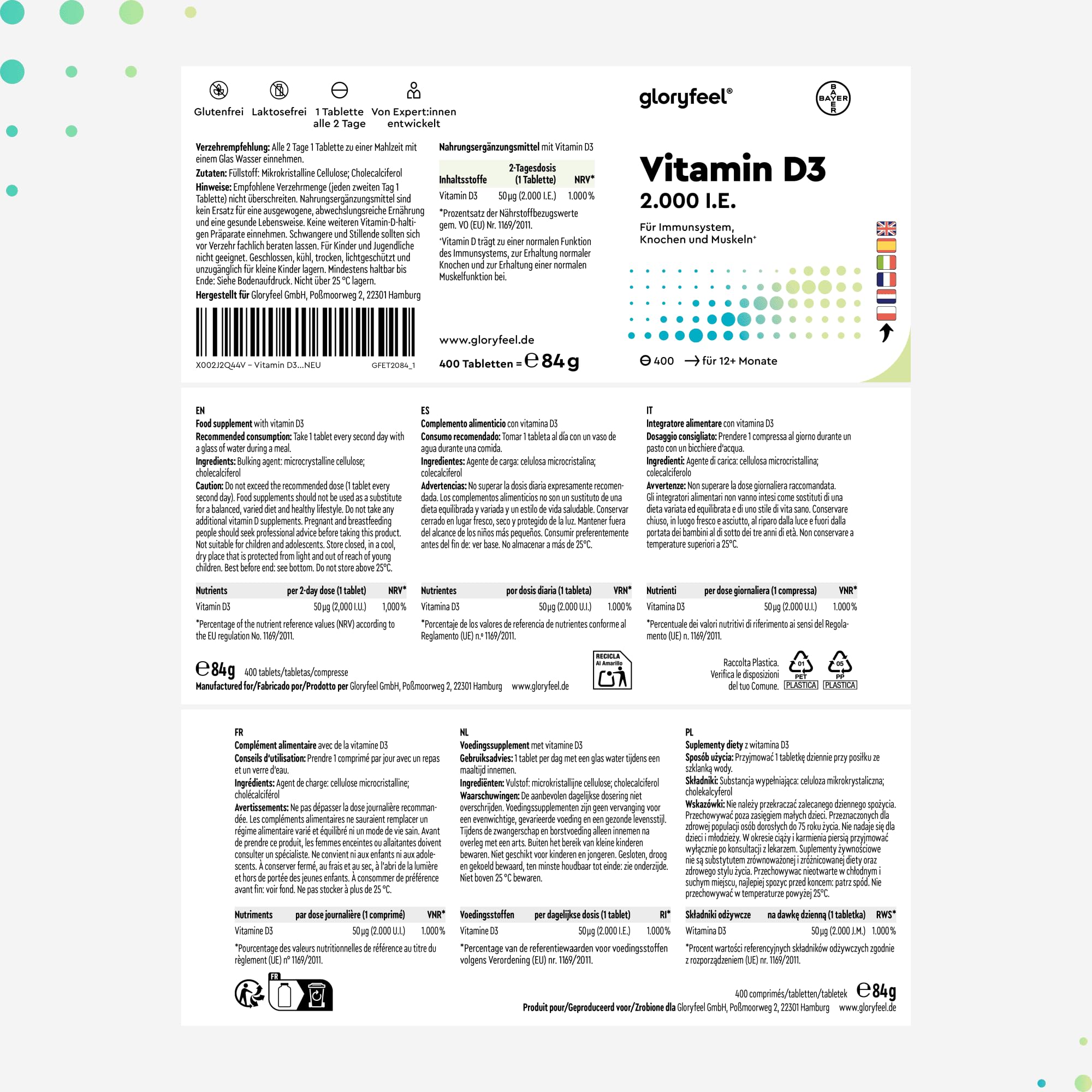 Vitamina D 2000UI (50mcg), 400 Compresse, Eletto PRODOTTO DELL'ANNO 2025, Vitamina D 2000 UI (Colecalciferolo), Integratore Qualità Premium, Ossa, Denti, Muscoli, Sistema Immunitario - Per più persone