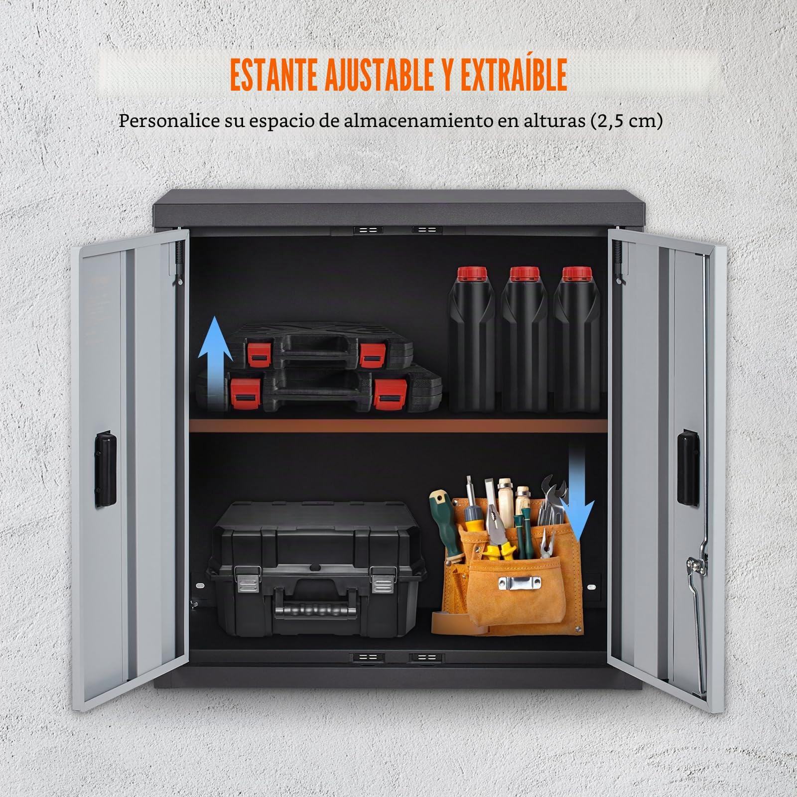 VEVOR Gabinete de Almacenamiento para Garaje 660x305x660 mm Armario de Herramientas Montado en Pared, Carga Total de 108,8 kg Estante Ajustable con Puerta Magnética para Taller, Almacén, Hogar, Negro