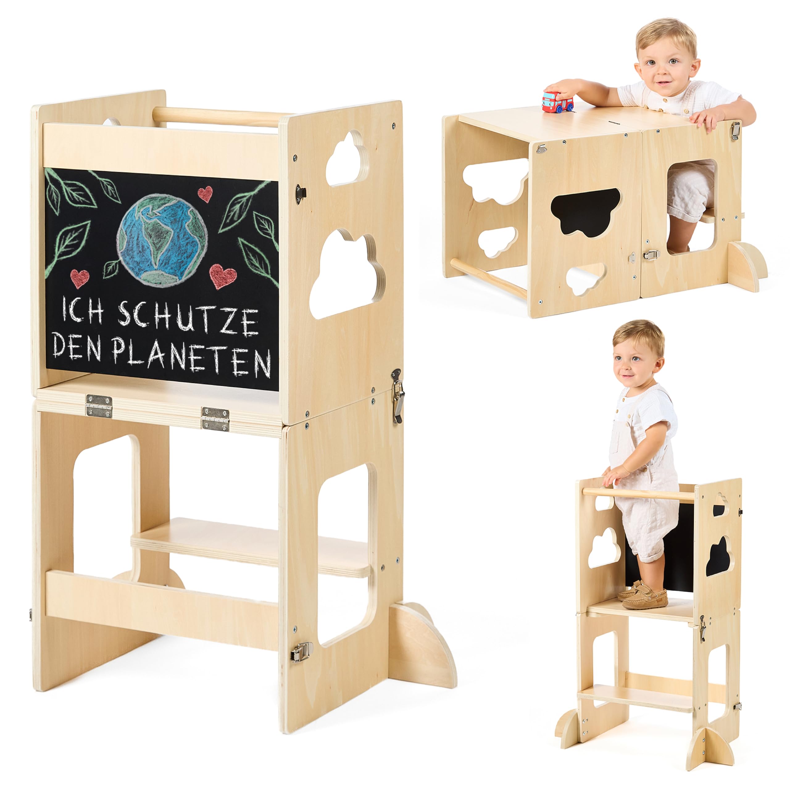 KYWAI® Lernturm ab 1 Jahr klappbar – Lernturm klappbar 3 in 1 Premium: wandelbar zum Schreibtisch mit Tafel, FSC-Holz, nachhaltiges Unternehmen mit Engagement für Aufforstung, für Kinder 1-6 Jahre