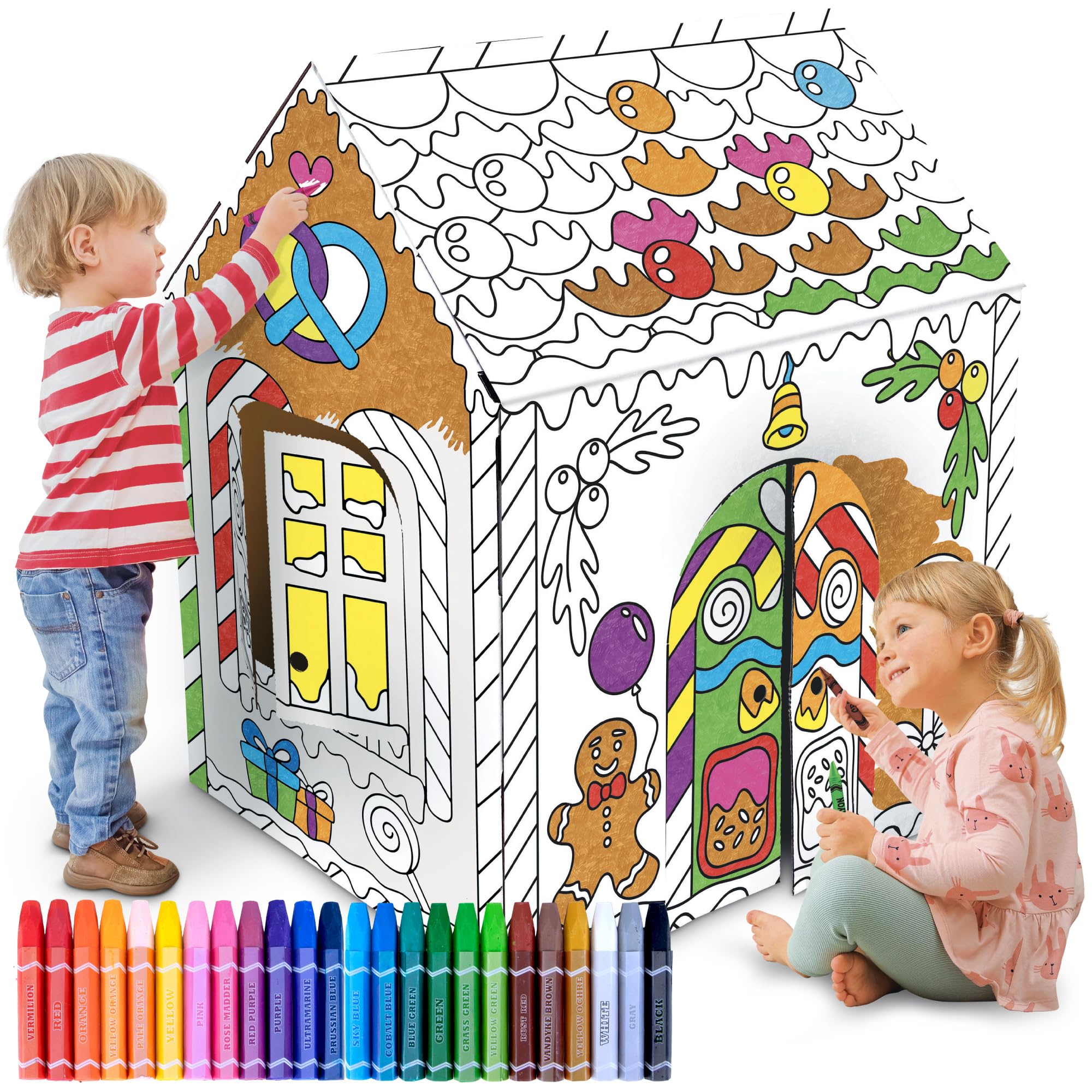 ArtCreativity Gingerbread House Craft Kit for Kids with 24 Butter Crayons - Black and White Gingerbread Cardboard Playhouse to be Colored - Mess-Free Coloring Fun Kids Christmas Activities Ages 3-9