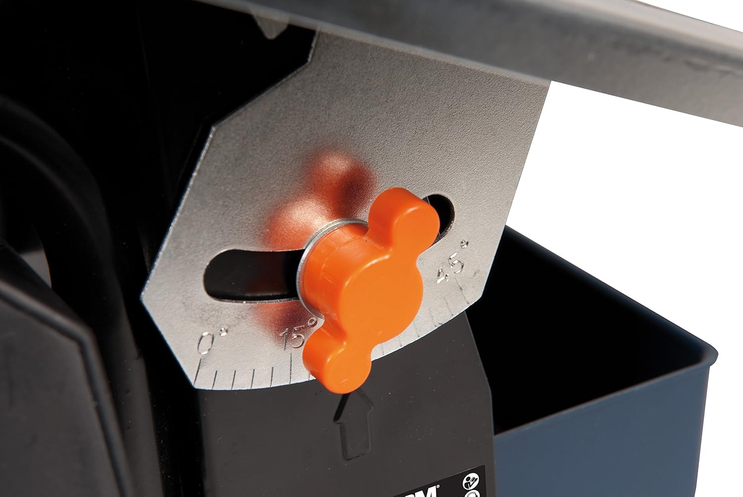 Close-up view of the angle adjustment mechanism with a scale from 0 to 45 degrees.