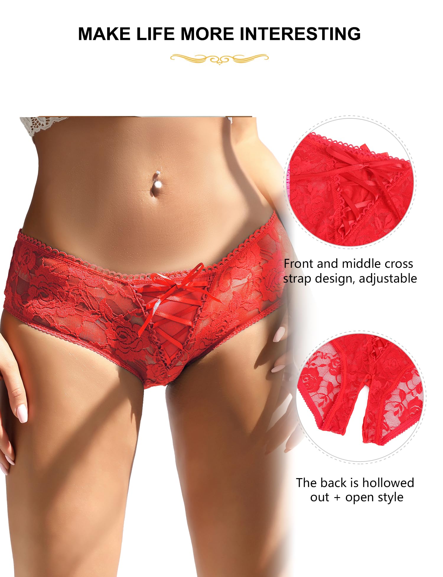 ohmydear Womens Lace Boyshorts Crotchless Sexy Panties Crisscross Strappy Underwear Plus Size Hipster Briefs XS-4XL