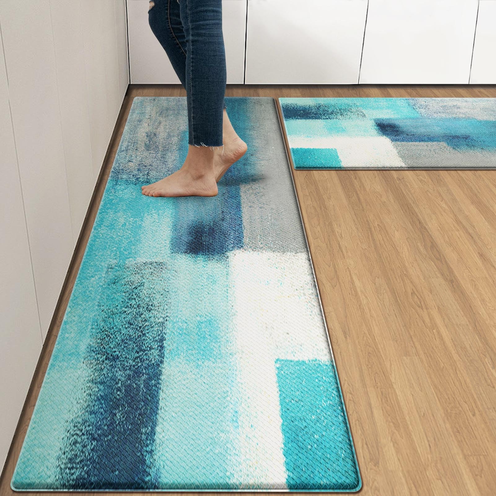 Arttown Teal Anti-Fatigue Kitchen Rug Set of 2 Grey Abstract Cushioned Floor Standing Mat Waterproof Non-Slip Mat and PVC Ergonomic Comfort Foam Rug