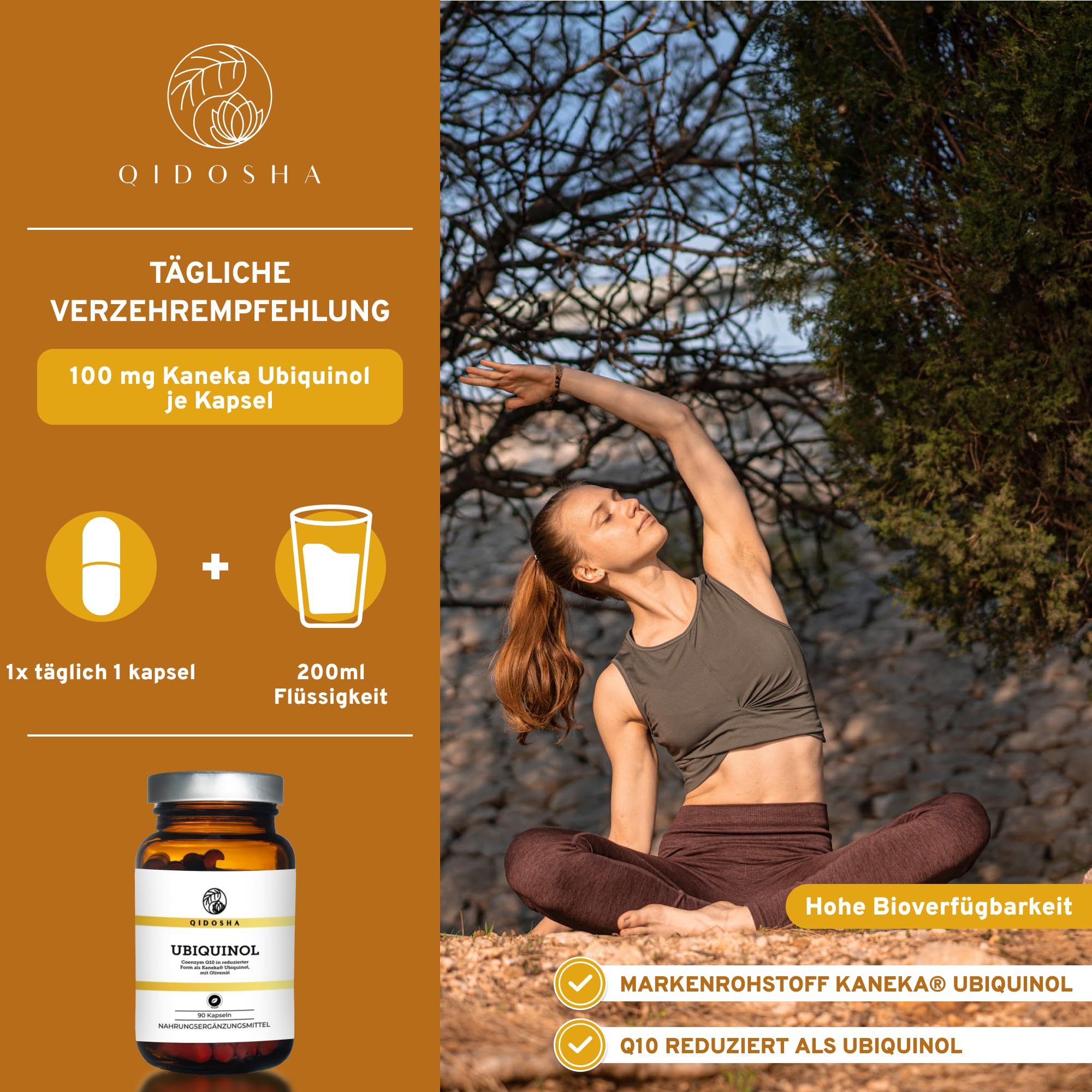 QIDOSHA® Kaneka Ubiquinol, 90 Kapseln, 100mg Ubiquinol je Kapsel, vegane Ubichinol Softgel-Kapseln, Coenzym Q10 flüssig, eingebettet in Olivenöl für optimale Bioverfügbarkeit