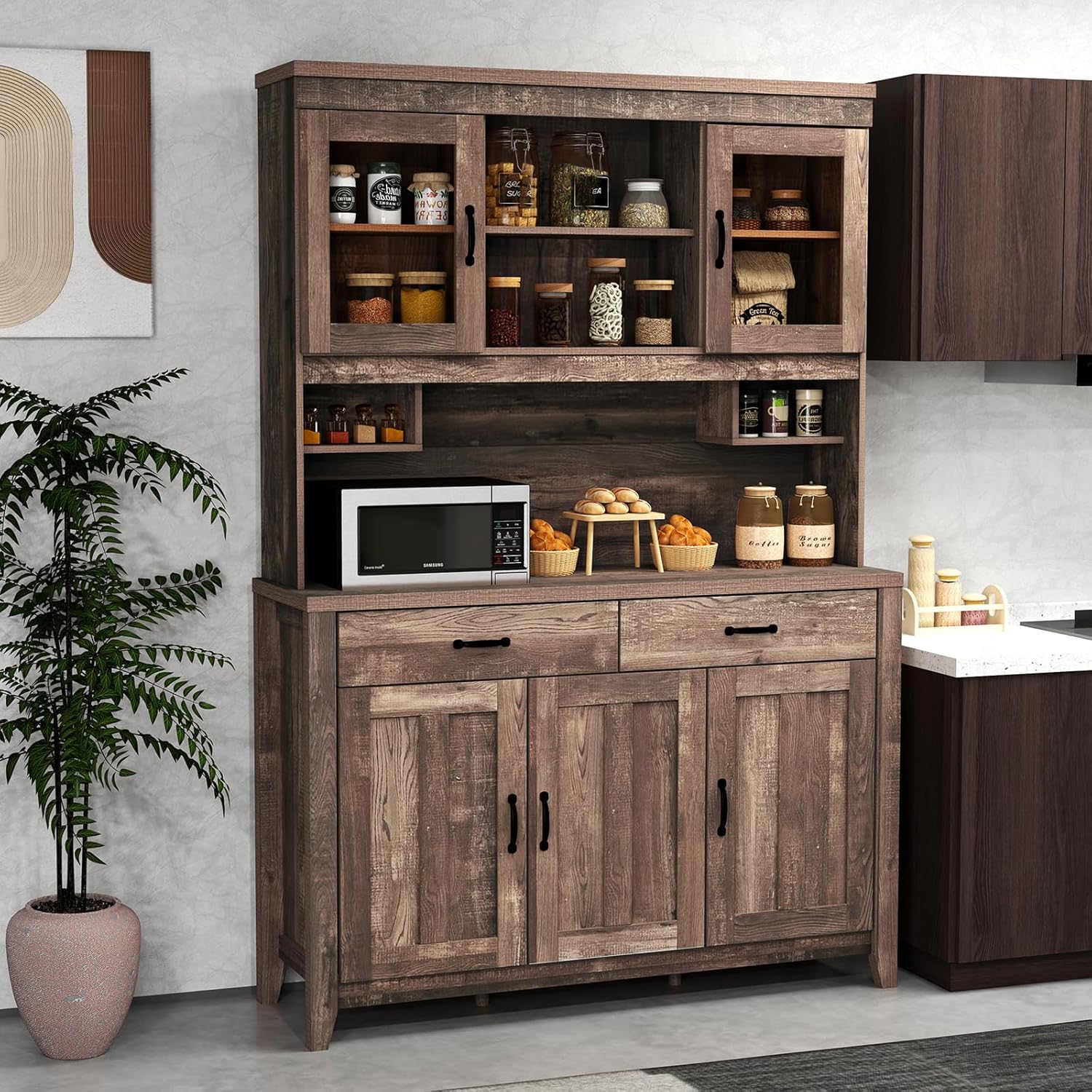 Diagram showing the dimensions of the SILKYDRY kitchen hutch, weight limits for countertop and shelves, and an illustration of the two shipping boxes.
