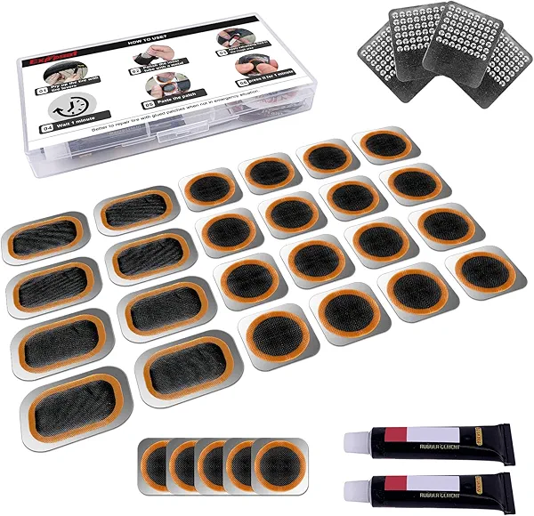 Exppsaf Bike Tire Repair Kit Inner Tube Patch Puncture - with 30PCS Vulcanizing Patches, Storage Box, Metal Rasp for Bicycle, Motorcycle, Cycling, BMX, ATV, Inflatable Rubber