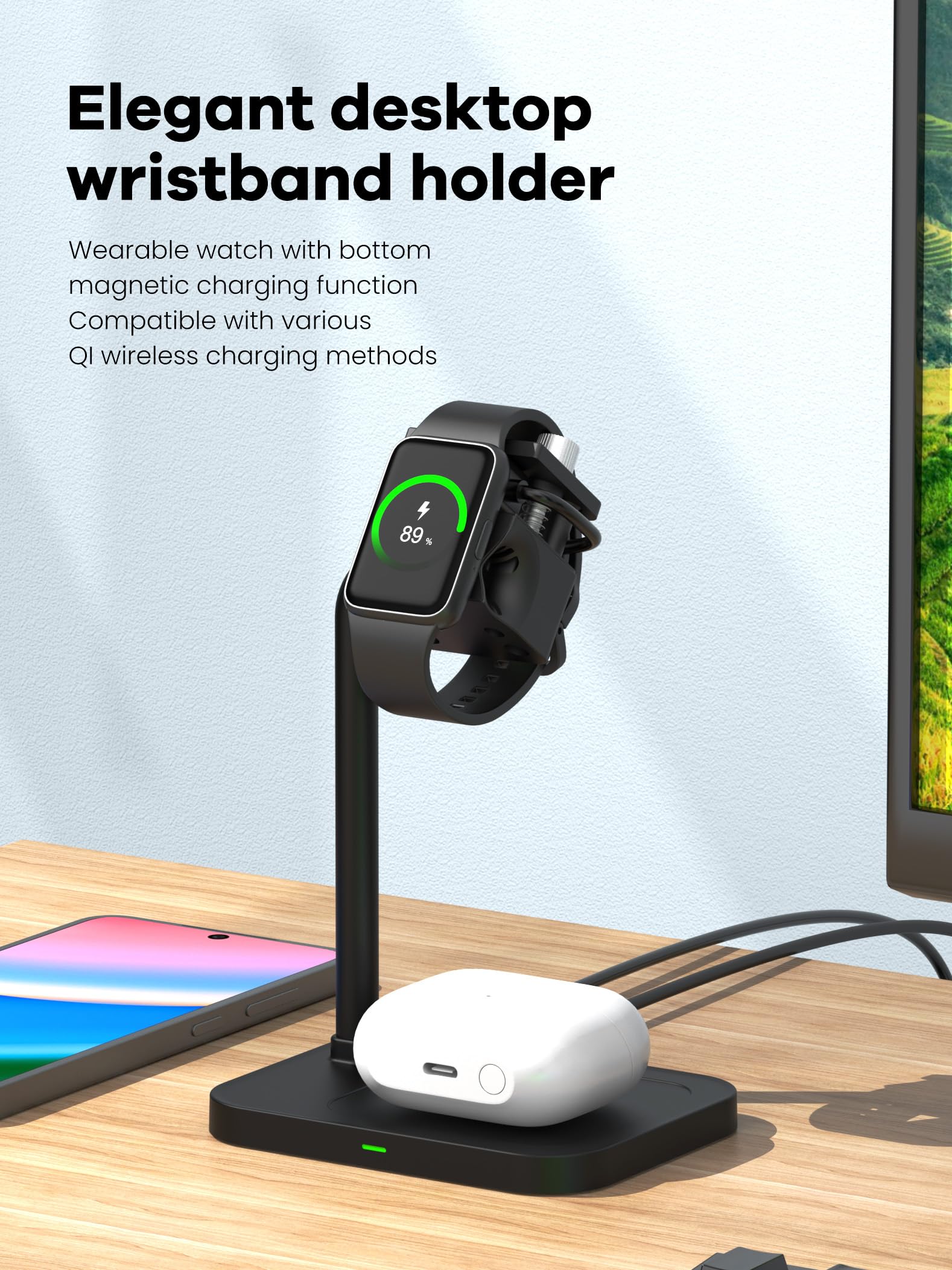 Station de charge universelle sans fil 2 en 1 avec support de bracelet intelligent réglable, compatible avec Samsung/Xiaomi/Amazfit/Fitpolo/GRV/AGPTEK/Fire-Boltt (03SW-B)