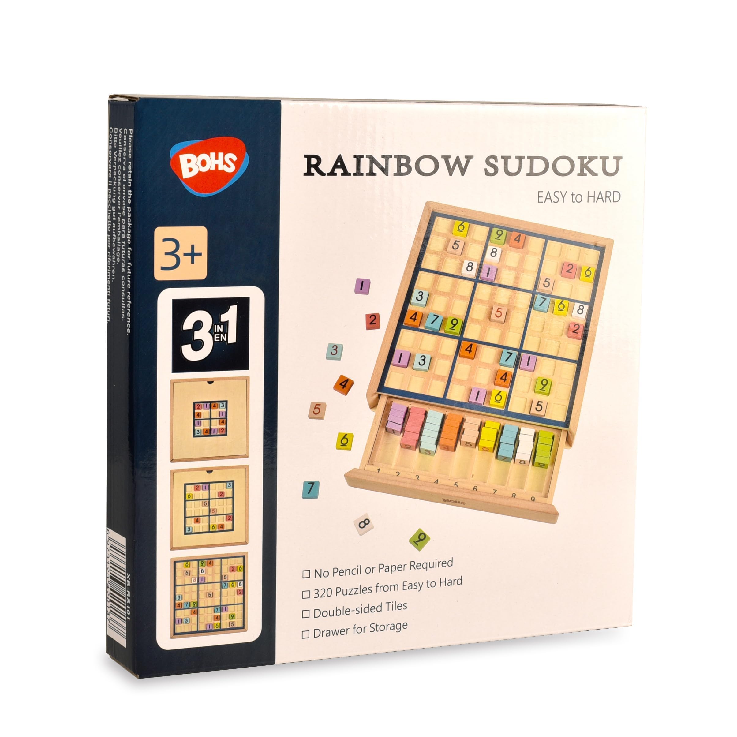 BOHS 3-en-1 Sudoku de Madera - Juego Educativo para Niños con 320 Rompecabezas, Niveles Fácil a Difícil, Incluye Fichas Multicolores - Juguete de Escritorio