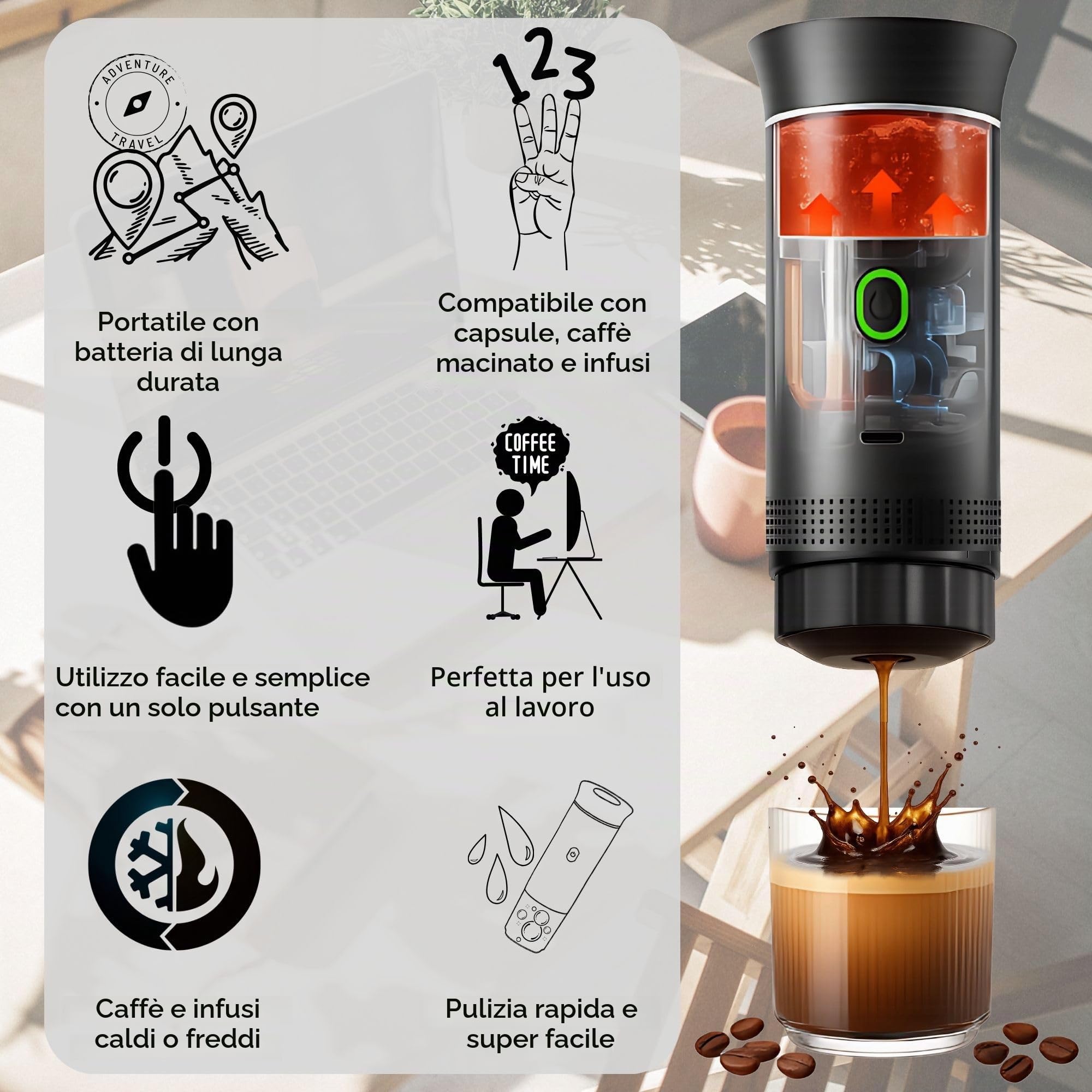 Macchina Caffè Portatile Capsule Ricaricabile USB, Macchina da Caffè Portatile Multicapsula e Caffè Macinato con Riscaldamento Automatico, Ideale per Viaggi, Campeggio, Ufficio e Auto (Grigio)